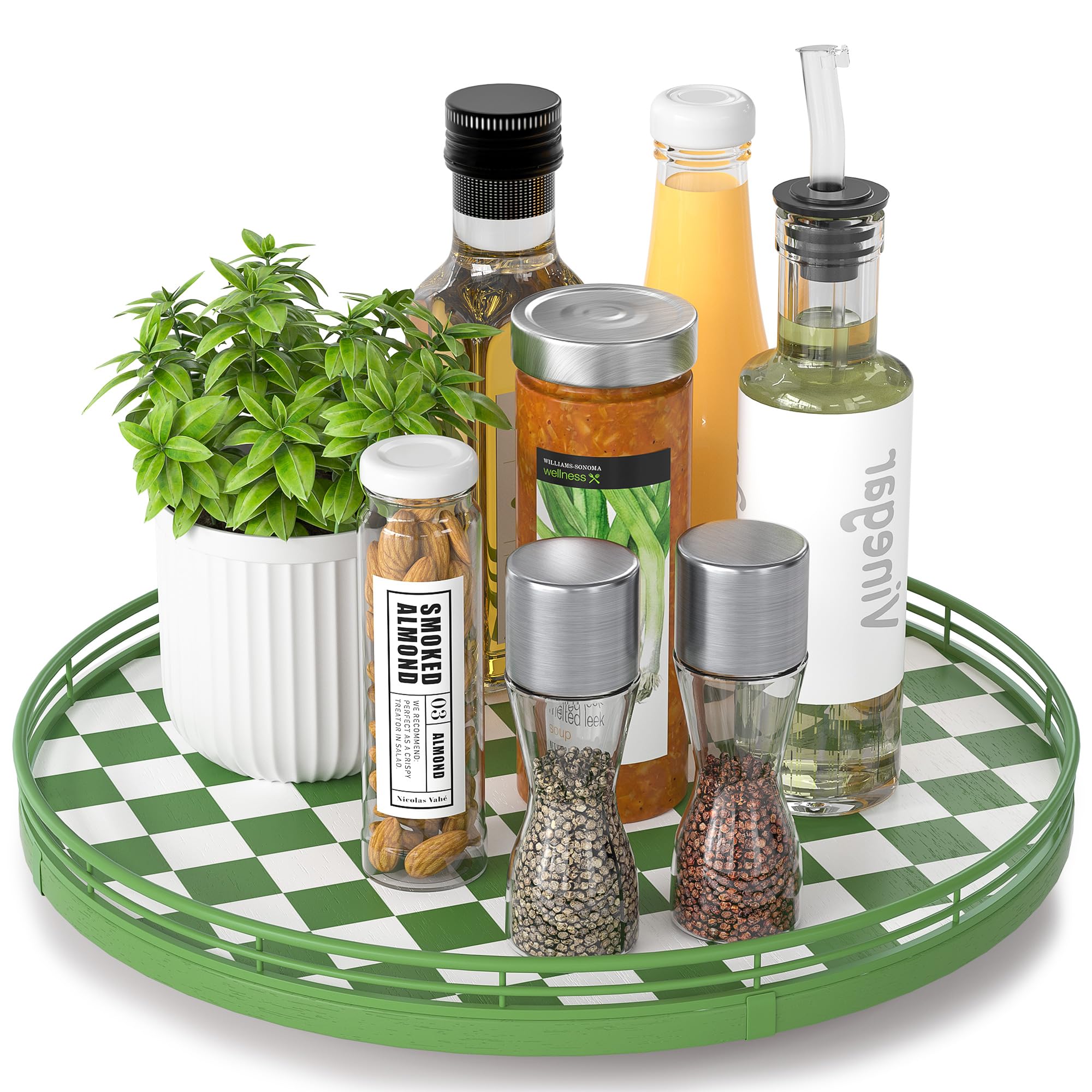 AMH 13-Inch Green and White Checkerboard Lazy Susan with Rubberwood Base