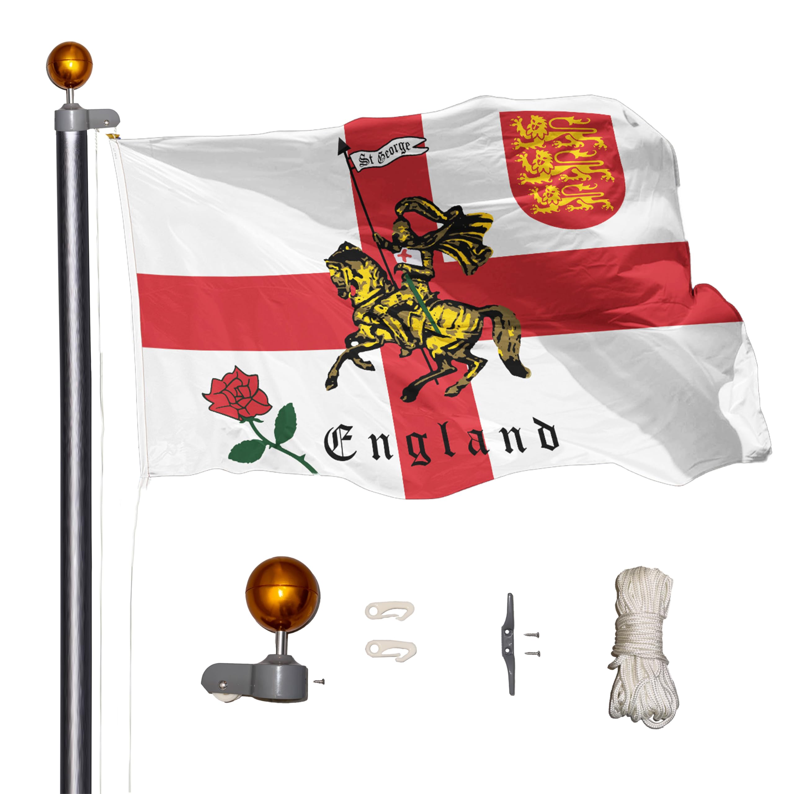 Flagtex 6m (20ft) Flag Pole – Includes St George Charger and Union Jack Flag – Sturdy Aluminium, 6 Poles, Pulley & Rope System, Easy Assembly