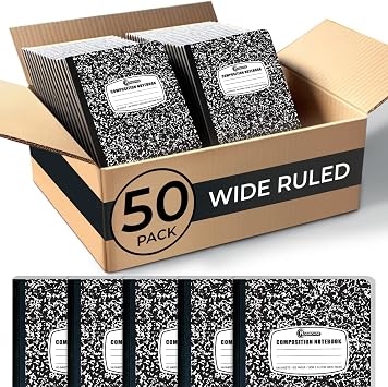 Rosmonde 50 Pack Composition Notebooks Bulk Wide Ruled, Black Marble