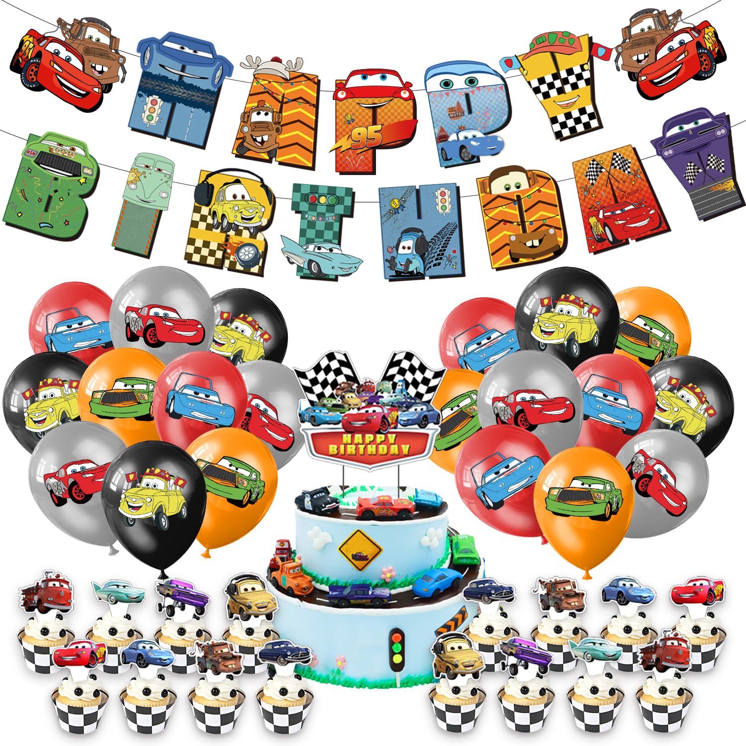 Car Birthday Party Decorations Banner Cake Cupcake Toppers, Balloons for Car Game Birthday Supplies