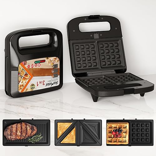 Miniatura 8 de Juego de gofres 3 en 1, parrilla y sándwichero, sandwichero, prensa panini, con placas antiadherentes extraíbles e luces indicadoras, parrilla de
