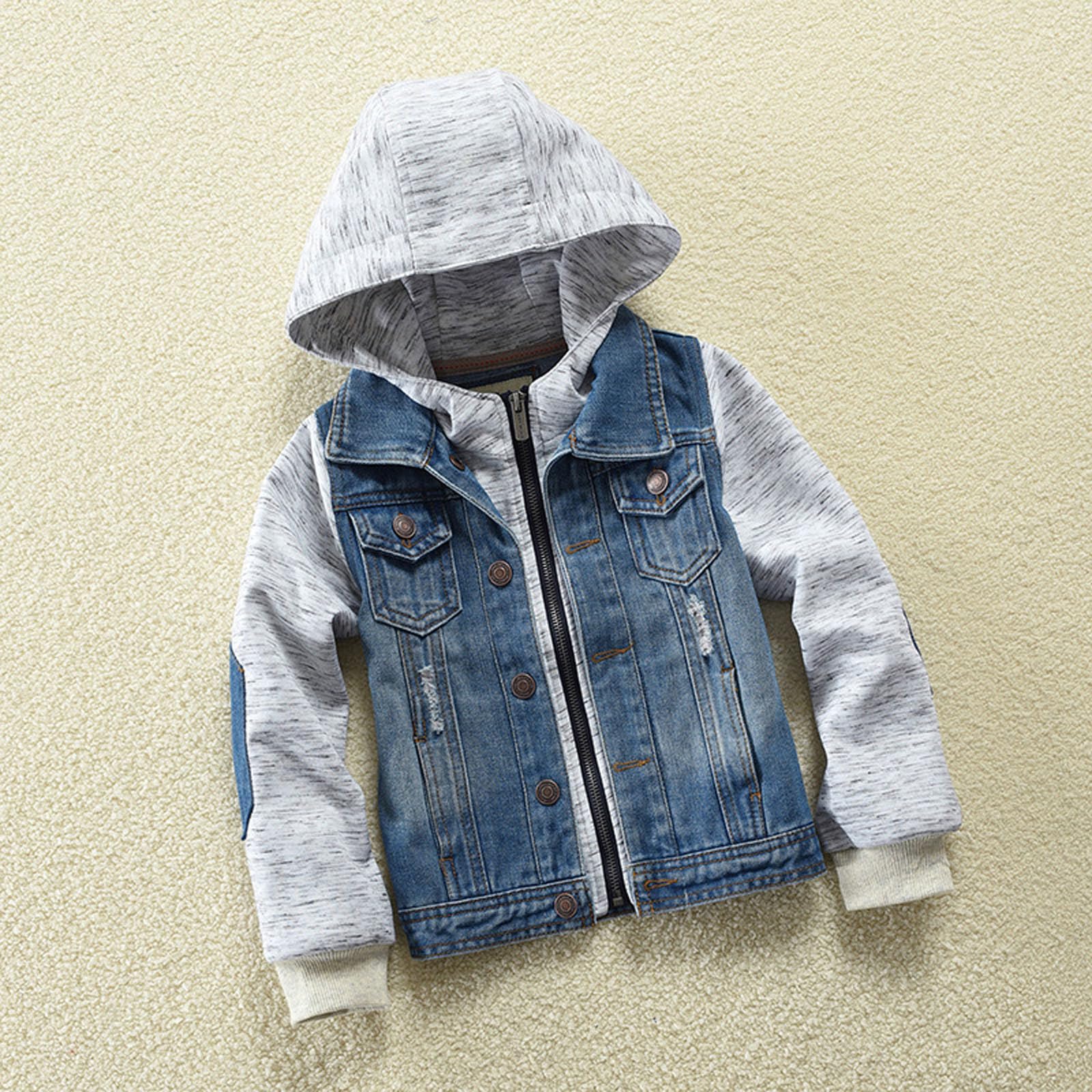 Generisch Chaqueta vaquera resistente para niños con capucha ajustable, abrigo informal clásico para niños y adolescentes