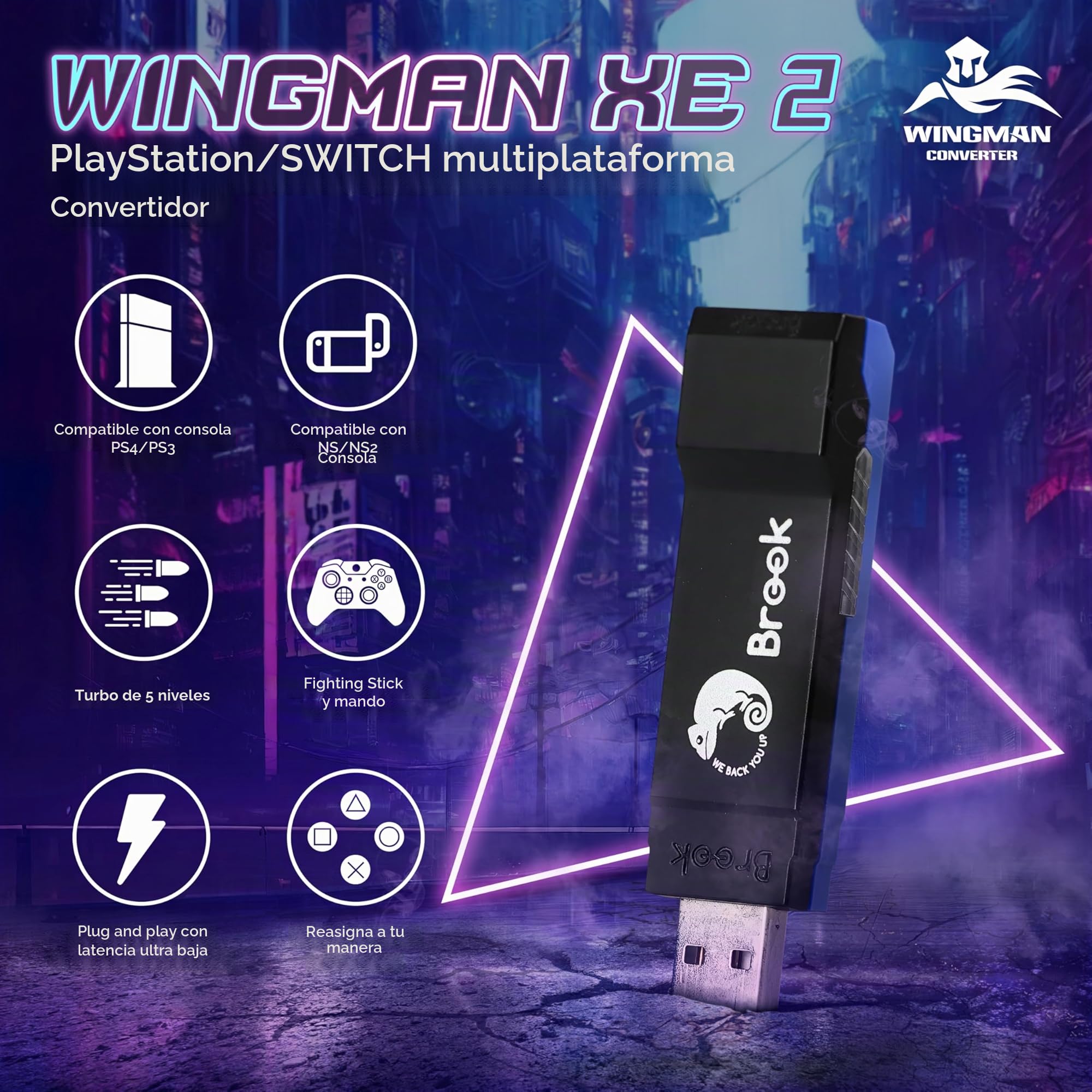 Brook Wingman XE 2 Converter - Adaptador de Controlador inalámbrico Dos en uno para PS, Consolas Switch y PC, soporta Turbo Ajustable Remap, Color Azul