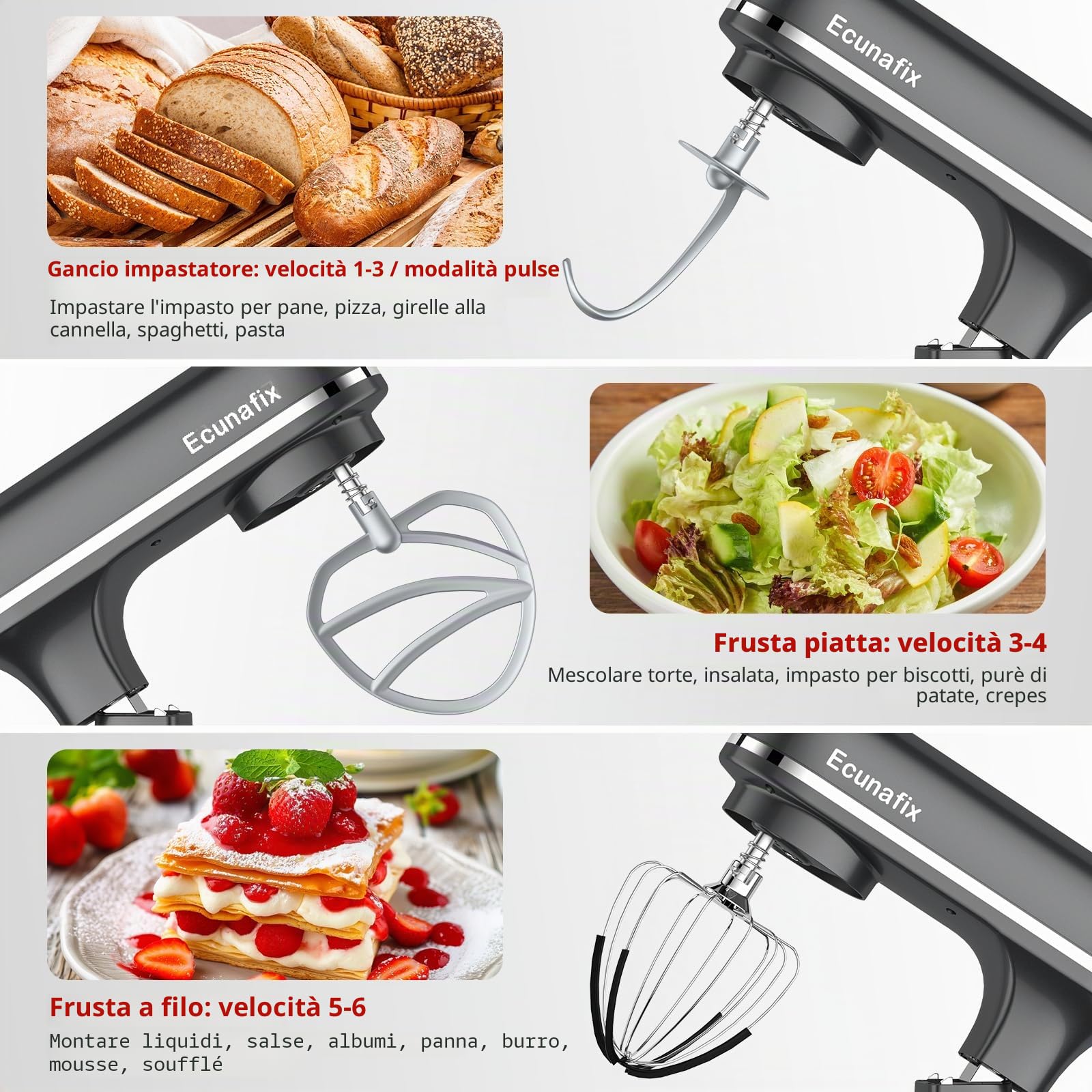 Impastatrice Planetaria offerta 2000W 8L Robot da Cucina | Professionale Multifunzione Mixer Cucina con Gancio per Impastare, Frusta Piatta, Frusta
