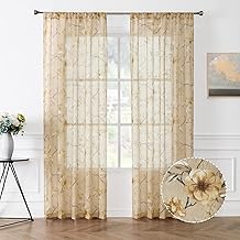 Tollpiz Sheer Curtains Beige Flower Leaf Printed Floral Embroidered Bedroom Curtain Sheers Rod Pocket Voile Faux Linen Window Curtains for Living Room, 54 x 84 inches Long, Set of 2 Panels