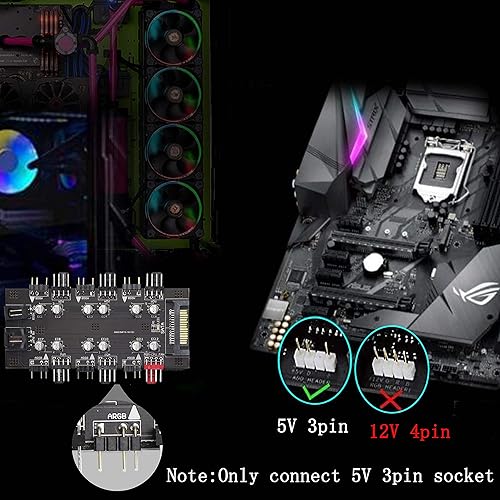 Miniatura 5 de PWM de 12 V 4 pines y 5 V 3 pines ARGB con SATA 15 pines de alimentación 2 en 1 Hub de sincronización de 6 vías Ventilador de refrigeración de CPU