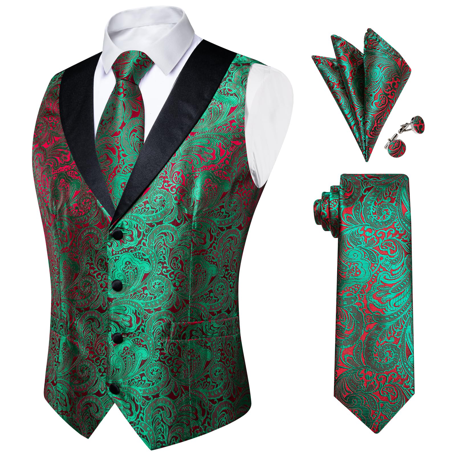 DiBanGu Mens Paisley Vest Silk Sleeveless Suit Vest and Neck Tie Pocket Square Cufflinks Set for Wedding Formal