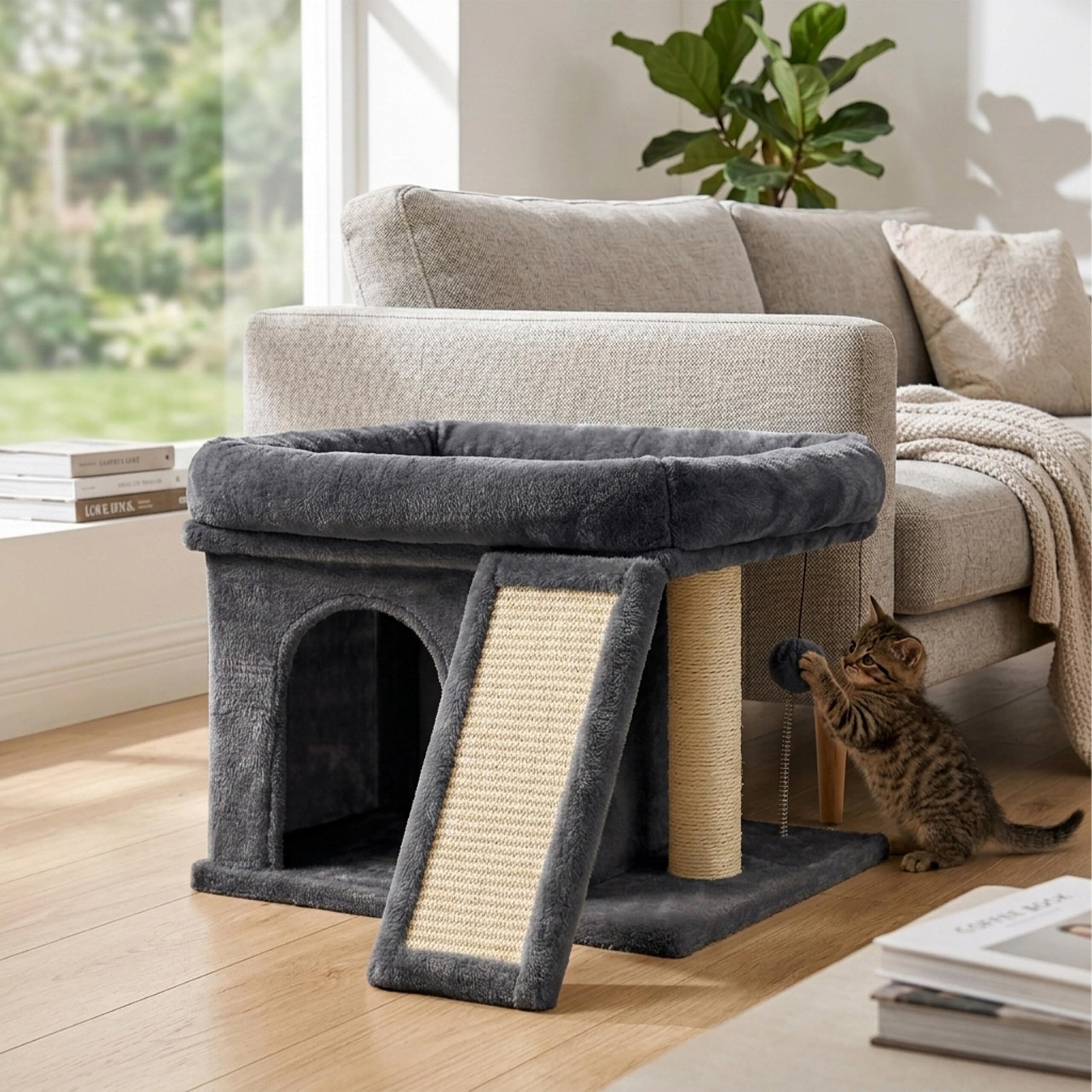 Relaxdays Arbre à Chat avec Niche, griffoir et Plate-Forme, Gris foncé | niche moelleuse pour chat, H x l x P : 38,5 x 54 x 45 cm, sisal