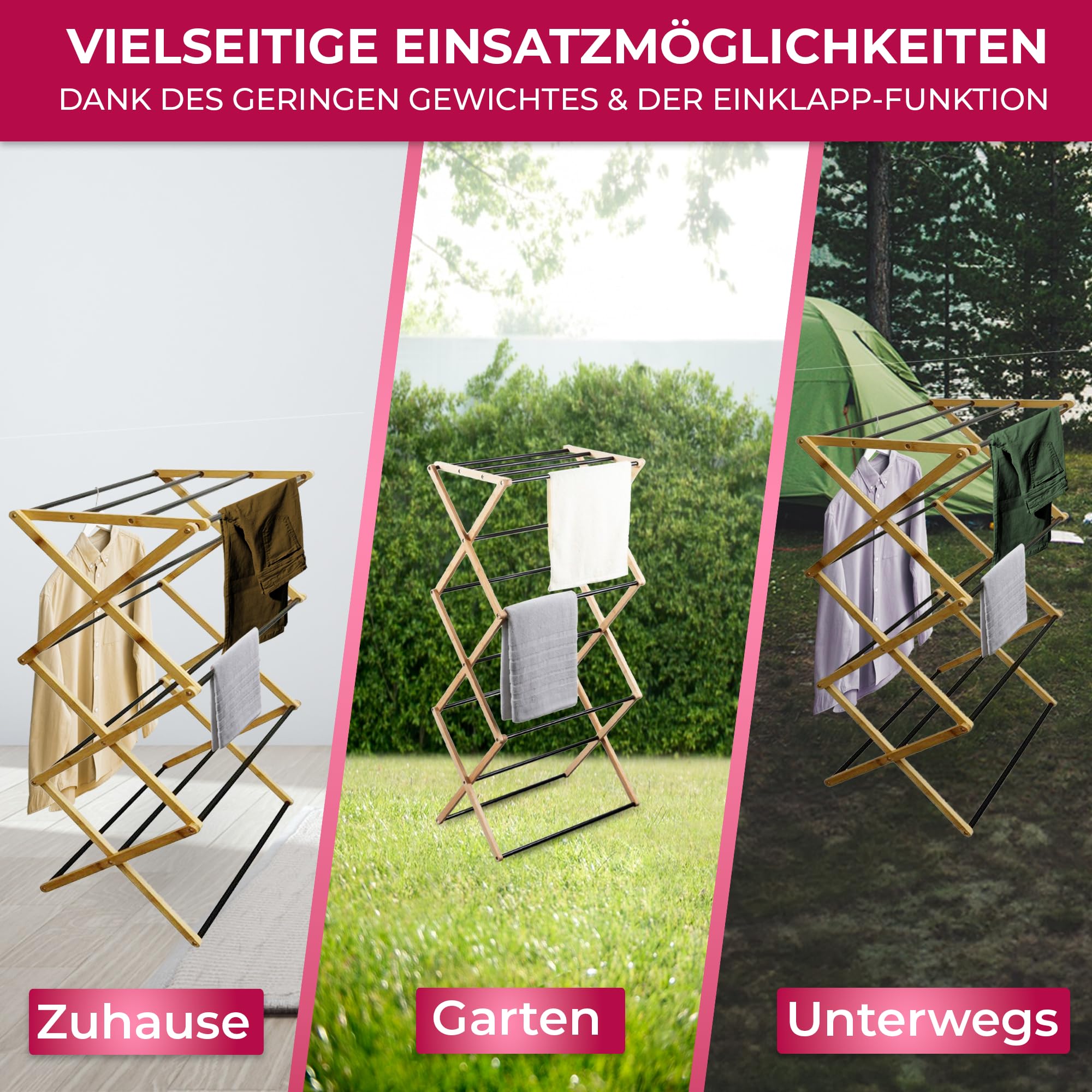 Suleno Bambus Wäscheständer Bali, 57x113cm Klappbar & Ausziehbar | Platzsparend, 11 Metallstangen, 6 Ebenen, Leicht, Ideal für kleine Wohnungen, Enge Räume & Balkon, Innen/Außen, Faltbar, Turm