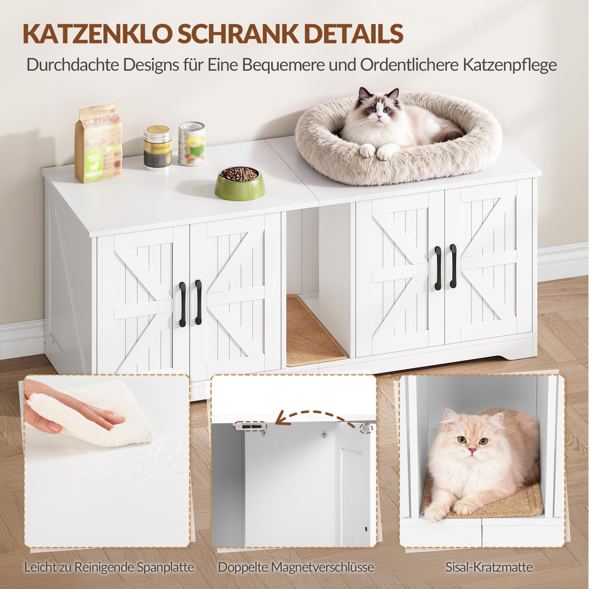 Katzenklo Schrank für 2 Katzen, Katzenklo Versteckt Schrank Möbel, Katzenhaus Holz Beistelltisch mit Kratzmatte, für Wohnzimmer und Schlafzimmer, 140 x 50 x 55 cm, Weiß, FPCB103PW1