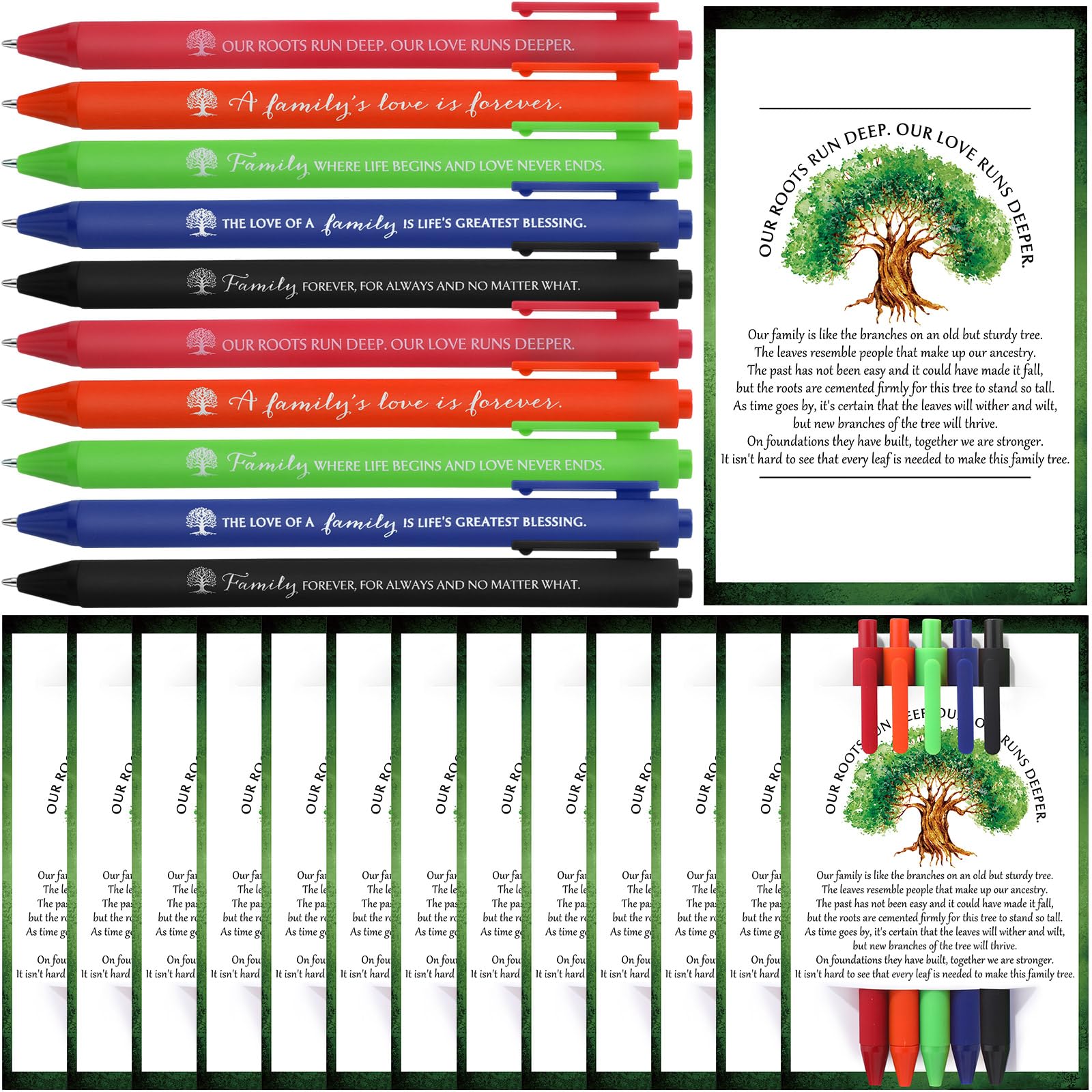Sayglossy 60 Pcs Family Reunion Favors Pens bulk Inspirational Quotes Ballpoint Pens with Tree Cards Gifts for Family Gathering Party Guest