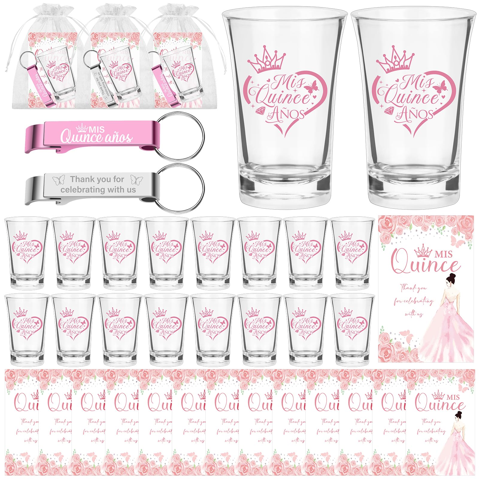 50 Sets Quinceanera Party Favor for Guest Quinceañera Acrylic Shot Glasses Sweet 15 Clear Shot Glasses with Bottle Opener Card Bag Mis Quince Anos Supplies for 15 Year Old Birthday Party