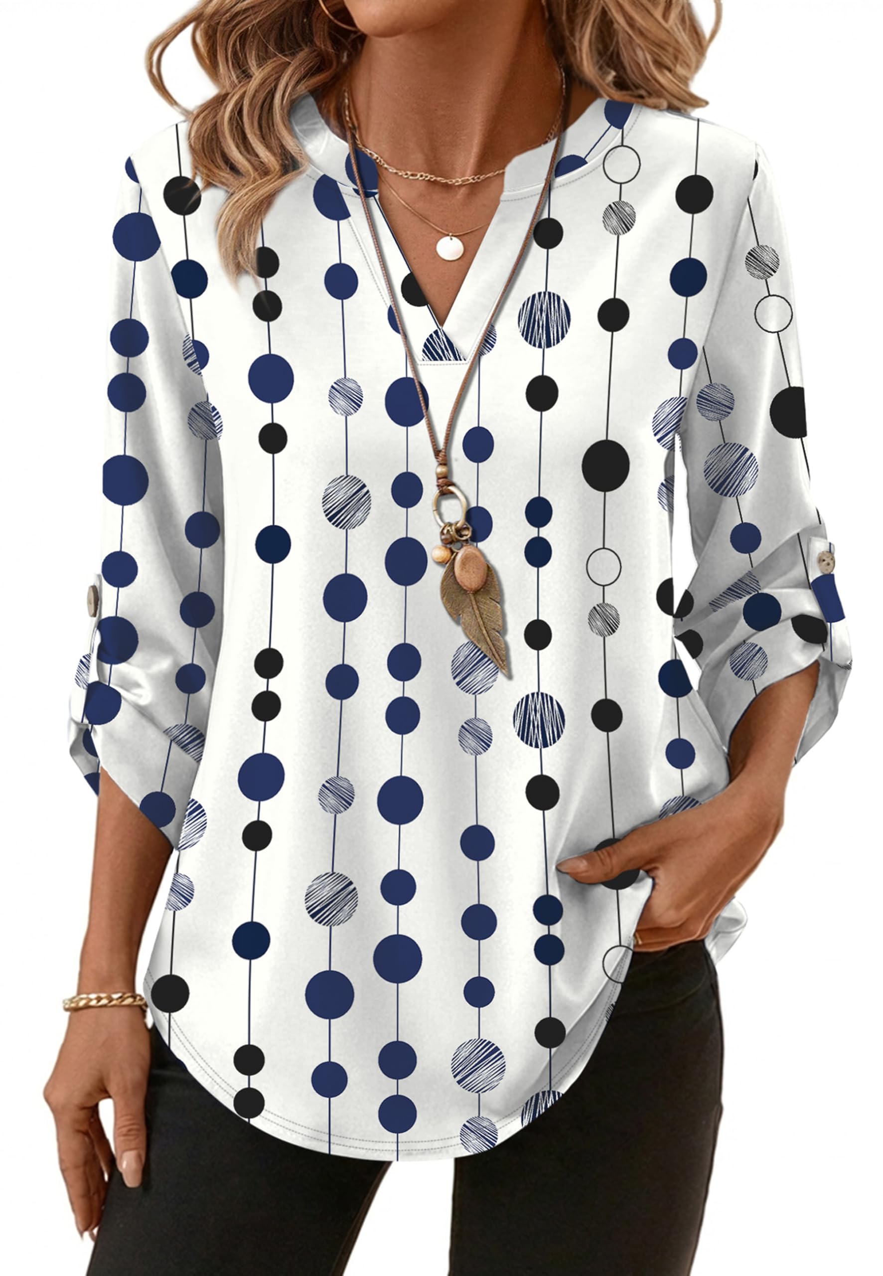XIEERDUO 3/4 Length Sleeve Womens Tops V Neck T Shirts Both Side Buttons Blouses Business Casual Outfits Loose Fit