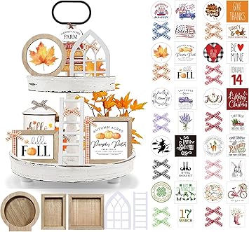 CRCZK 10 Themes Interchangeable Seasonal Tiered Tray Decor Set - Farmhouse Fall Tiered Tray Decorations, Perfect for Holiday Decor, Lavender Decor Fall Decorations for Home