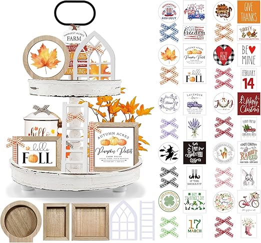 CRCZK 10 Themes Interchangeable Seasonal Tiered Tray Decor Set - Farmhouse Fall Tiered Tray Decorations, Perfect for Holiday Decor, Lavender Decor Fall Decorations for Home