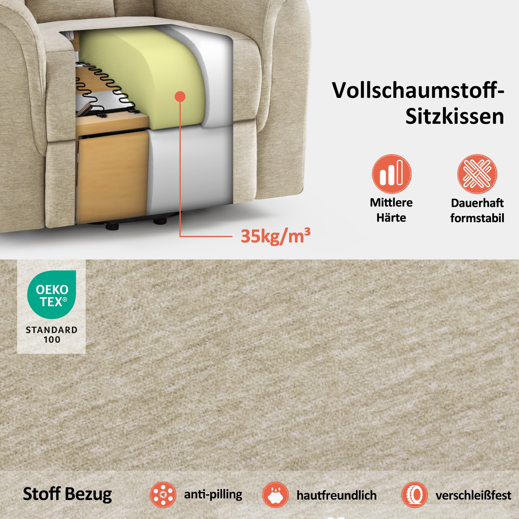 M MCombo Fernsehsessel mit Aufstehhilfe Elektrisch, 2 Rollen für Mobilität, Massage & Heizung, Verstellbare Kopfstütze, Sessel mit Aufstehhilfe 35D Vollschaum-Sitzkissen 7269 (Beige-Stoff)