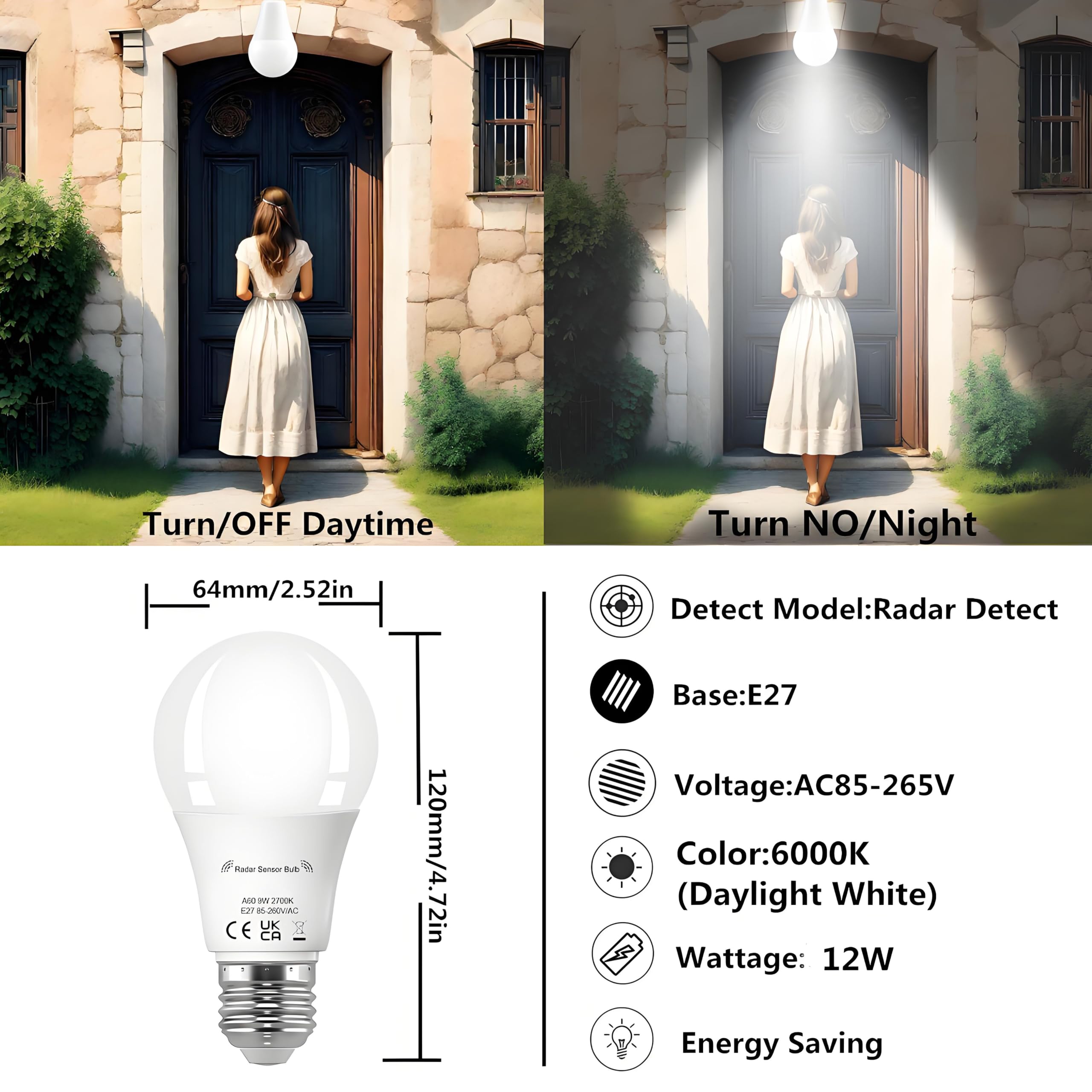 Vanpus Dusk to Dawn Light Bulbs,Motion Sensor Light Bulb, Auto On/Off Radar Sensing Bulb, E27 LED Light Bulb - Image 2