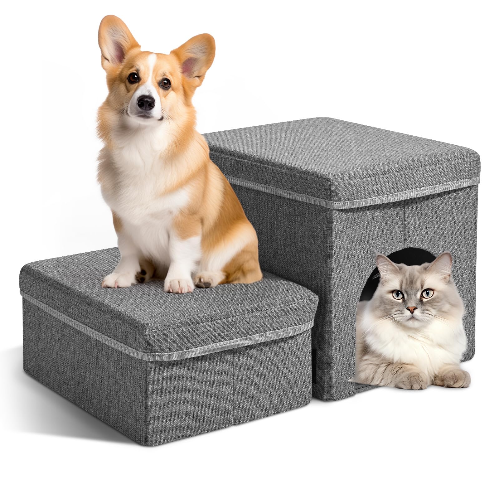 SenDeluz Escalera Perro de 2 Peldaños, Escalera para Mascotas Rampa para Perros Gatos con Cajas de Almacenamiento, Escalera para Perros Plegable para Subir a la Cama y Sofá