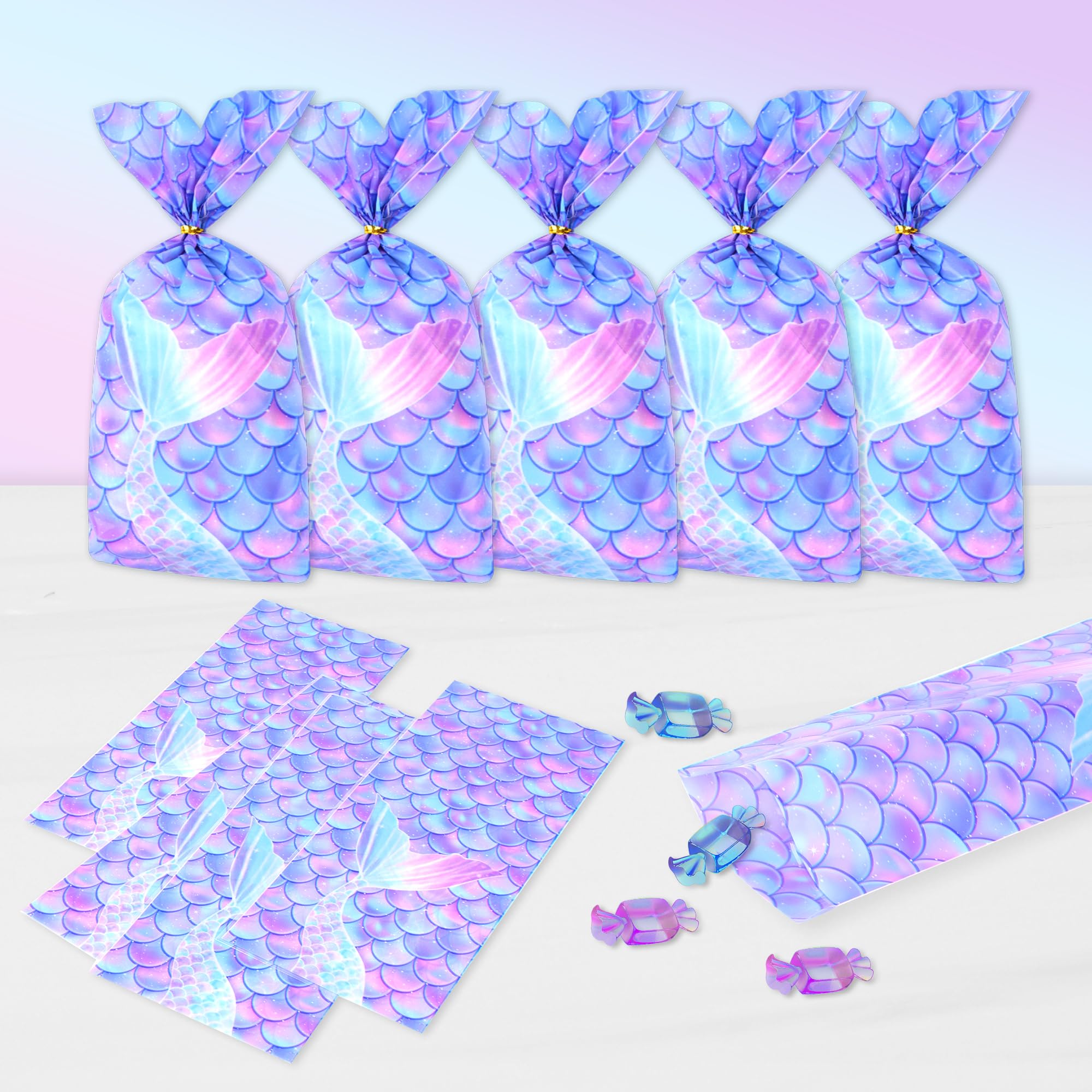 Mikzhskr Mermaid Party Favors - 30 Pcs Decorations, Cookie Goodie Candy Gift Bags, Little Mermaid Cellophane Treat Bags With 30 Pcs Gold Twist Ties for Birthday Party Supplies