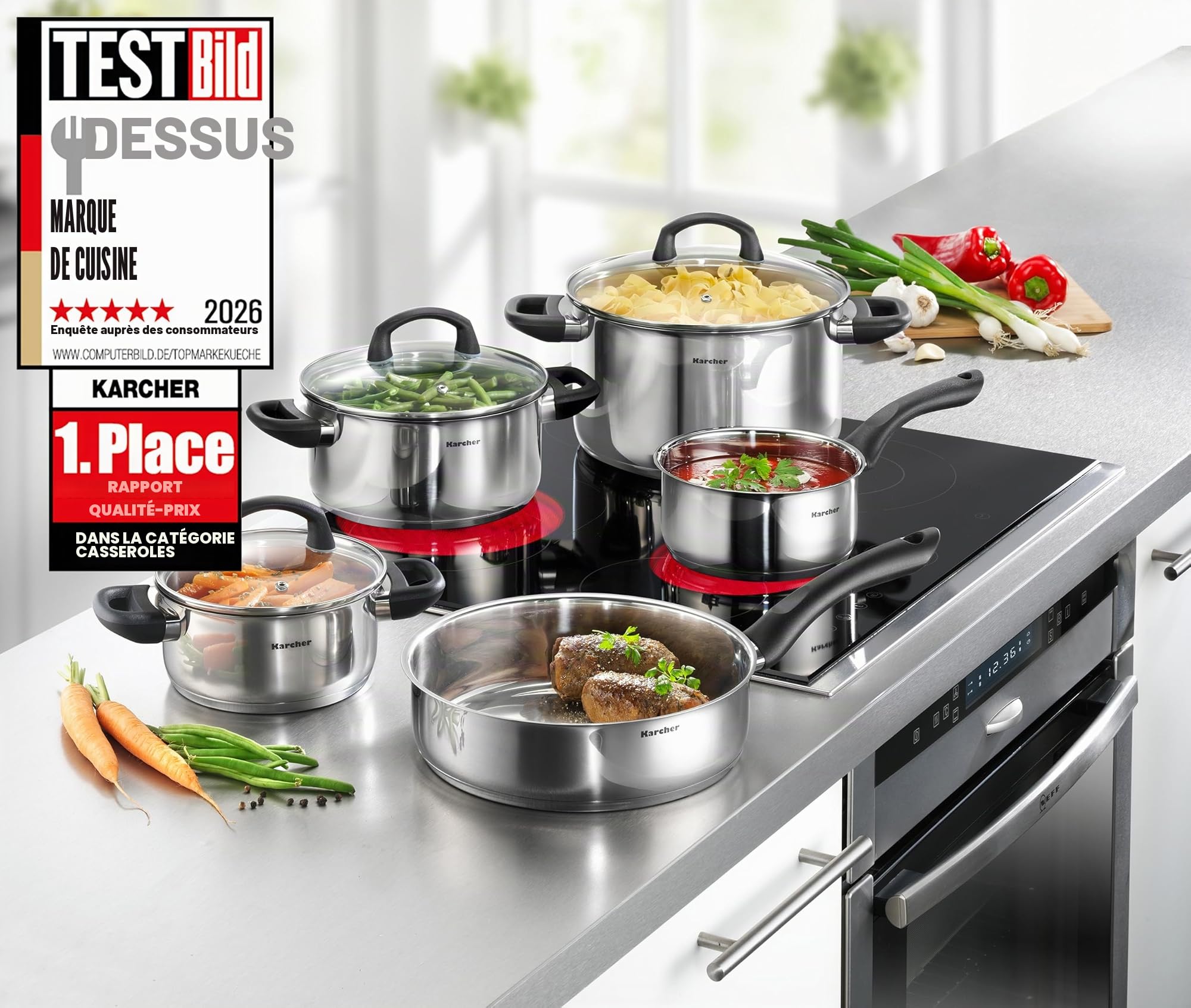 Karcher 125457 Batterie de Cuisine Mia, avec Couvercle en Verre, Convient aux plaques à Induction, 5 pièces, inox