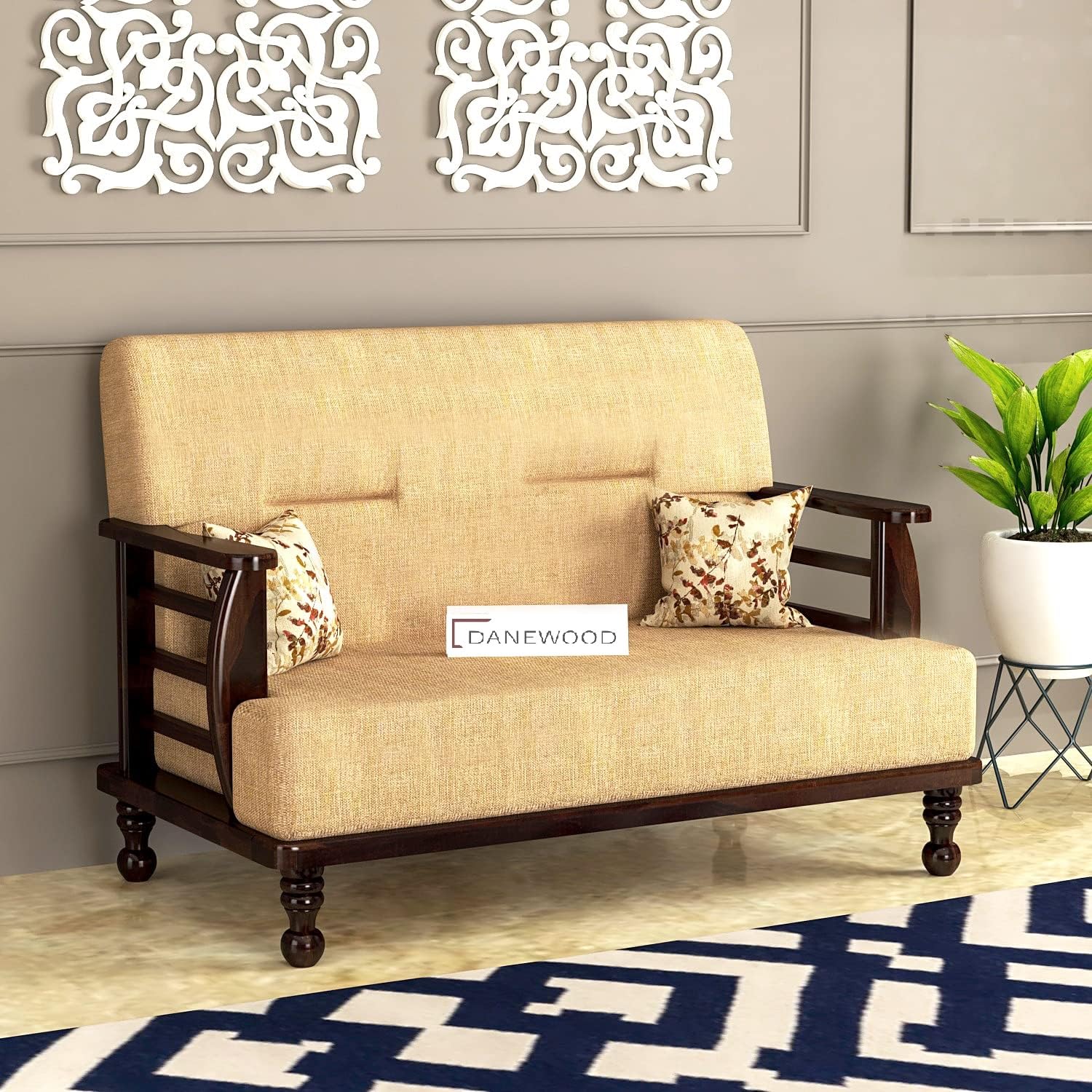DaneWood - 2 Seater Sofa Set for Living Room, Drawing Room & Office Lounge | Capacity - Two Seater | Cushion: Beige, Sheesham Wood, Mahogany Finish discount deal
