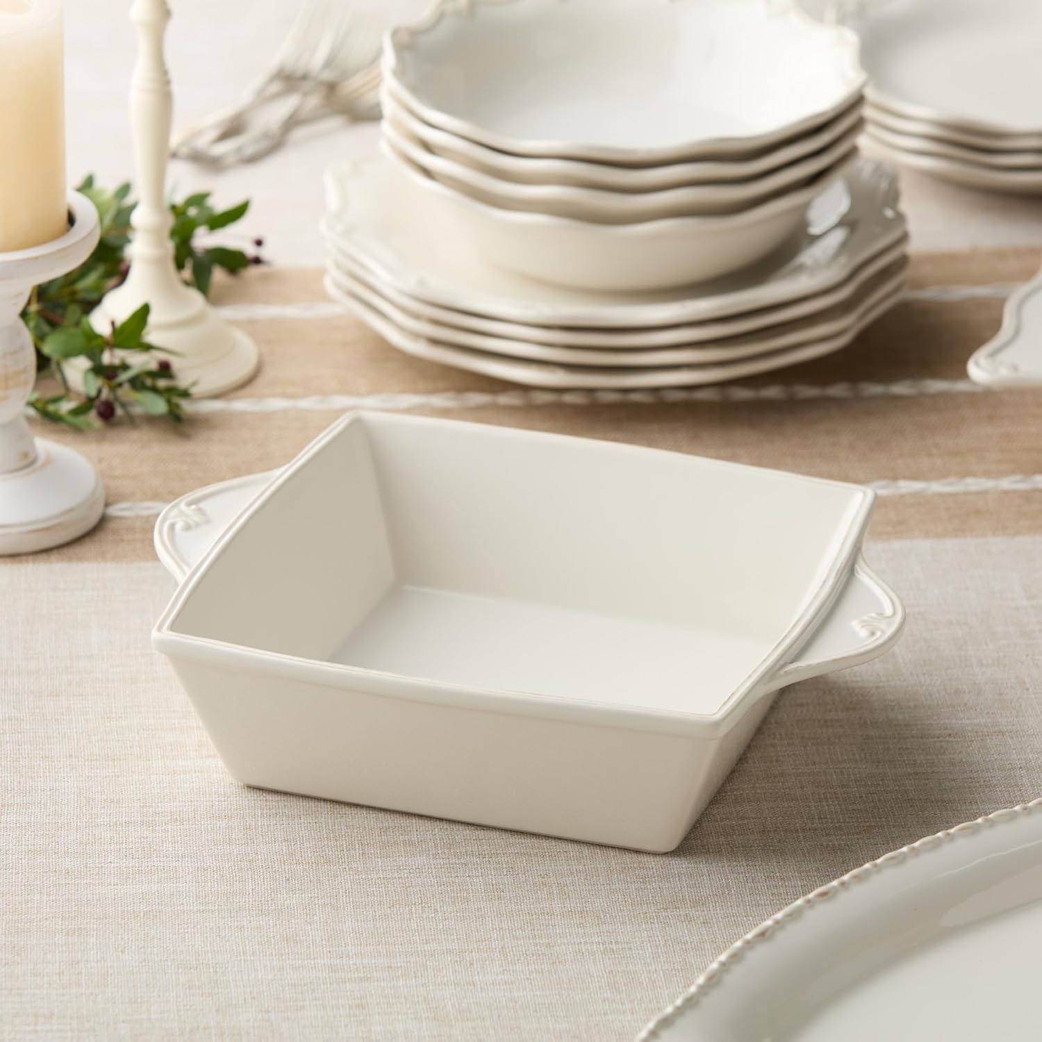 Heritage Square Baker 12" x 9.5" 80oz – Ivory Stoneware Baking Dish with Embossed Scroll Handles & Beaded Rim – Classic Oven-to-Table Serveware for Casseroles, Brownies, Roasts