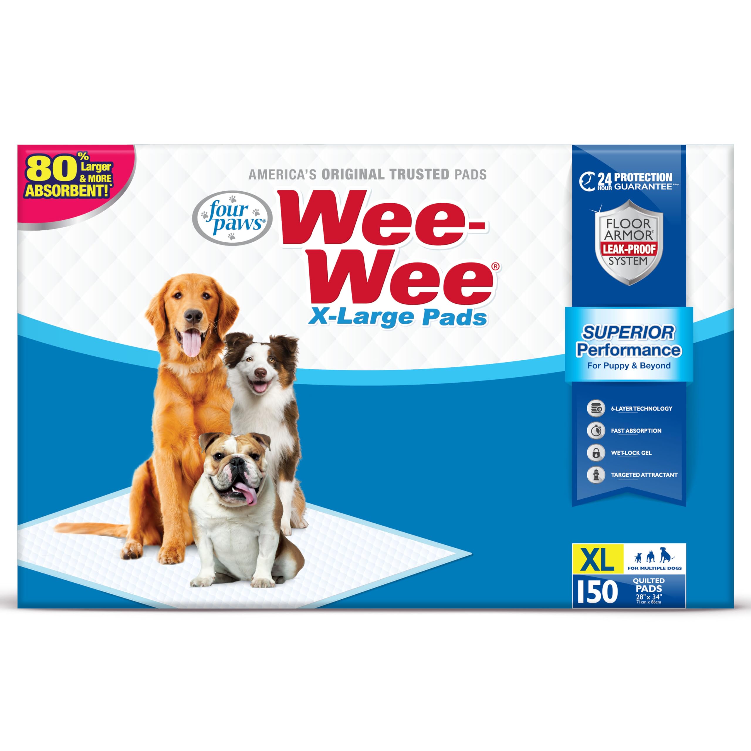 Four PawsWee-Wee Superior Performance X-Large Pee Pads for Dogs - Puppy & Dog Pads for Potty Training - Dog Supplies for Housebreaking - 28" x 34" (150 Count)