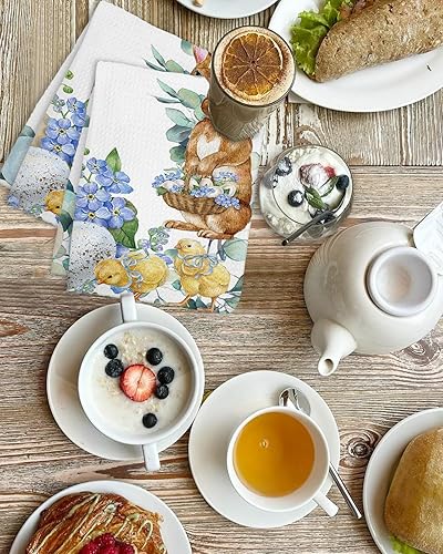 Miniatura 4 de Kitchen Towel 2 Packs Cotton Waffle Weave, Easter Eggs Bunny Spring Flowers Eucalyptus Leaves 16 x 24 Inch Absorbent Quick Drying Dish Towels