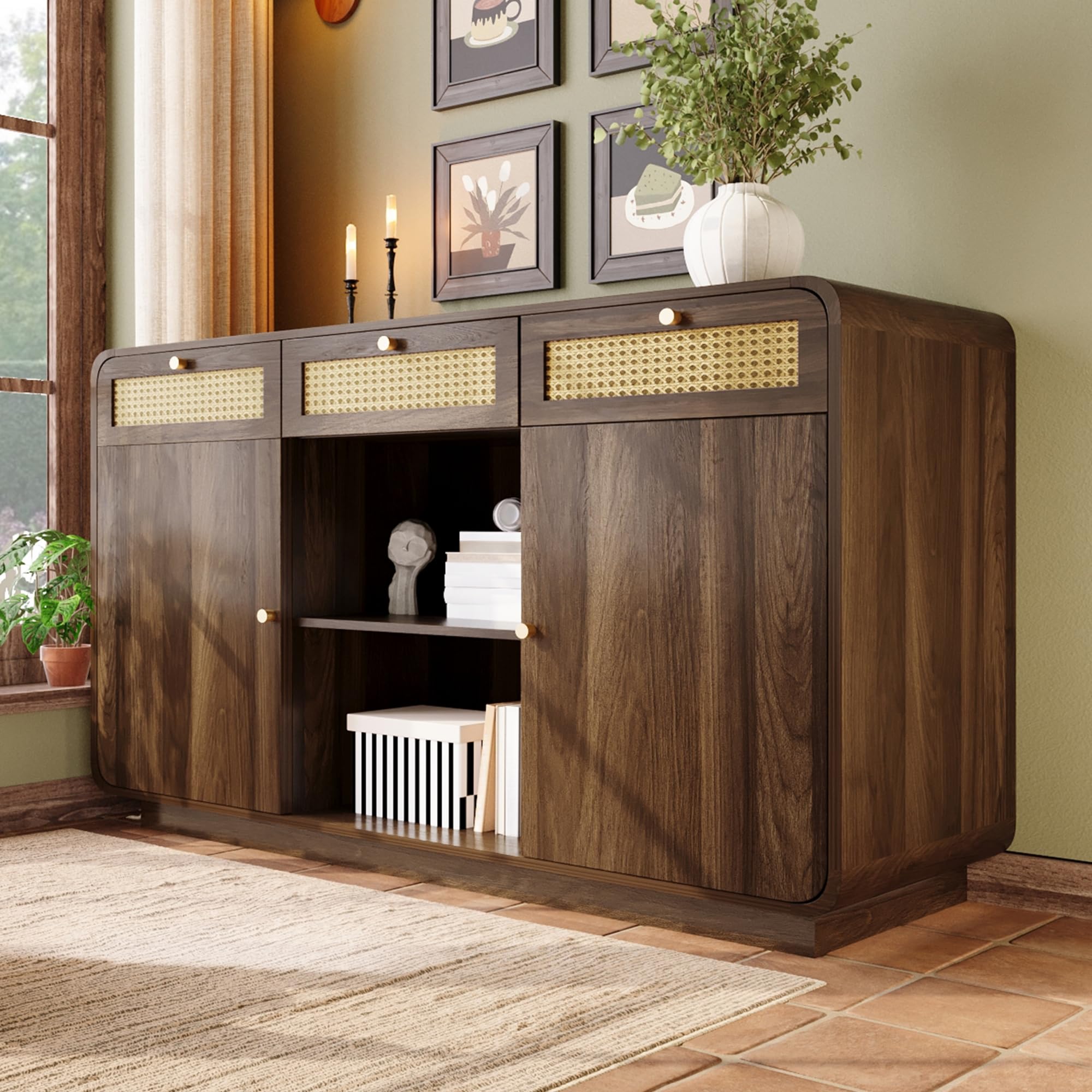 Buffet 120 cm en noyer avec rotin