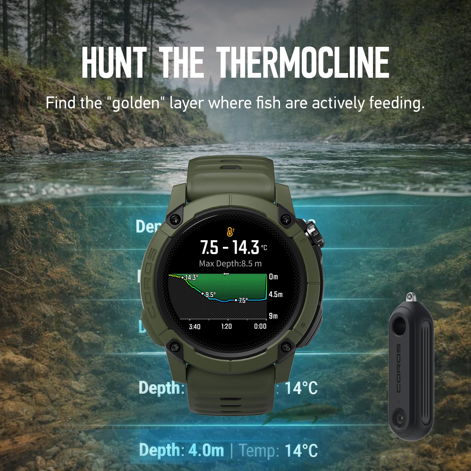 COROS HYDROP Sondeur de pêche - Capteur léger et lançable | Mesure profondeur, température, luminosité et couleur de l'eau, Compatible COROS NOMAD et VERTIX 2S