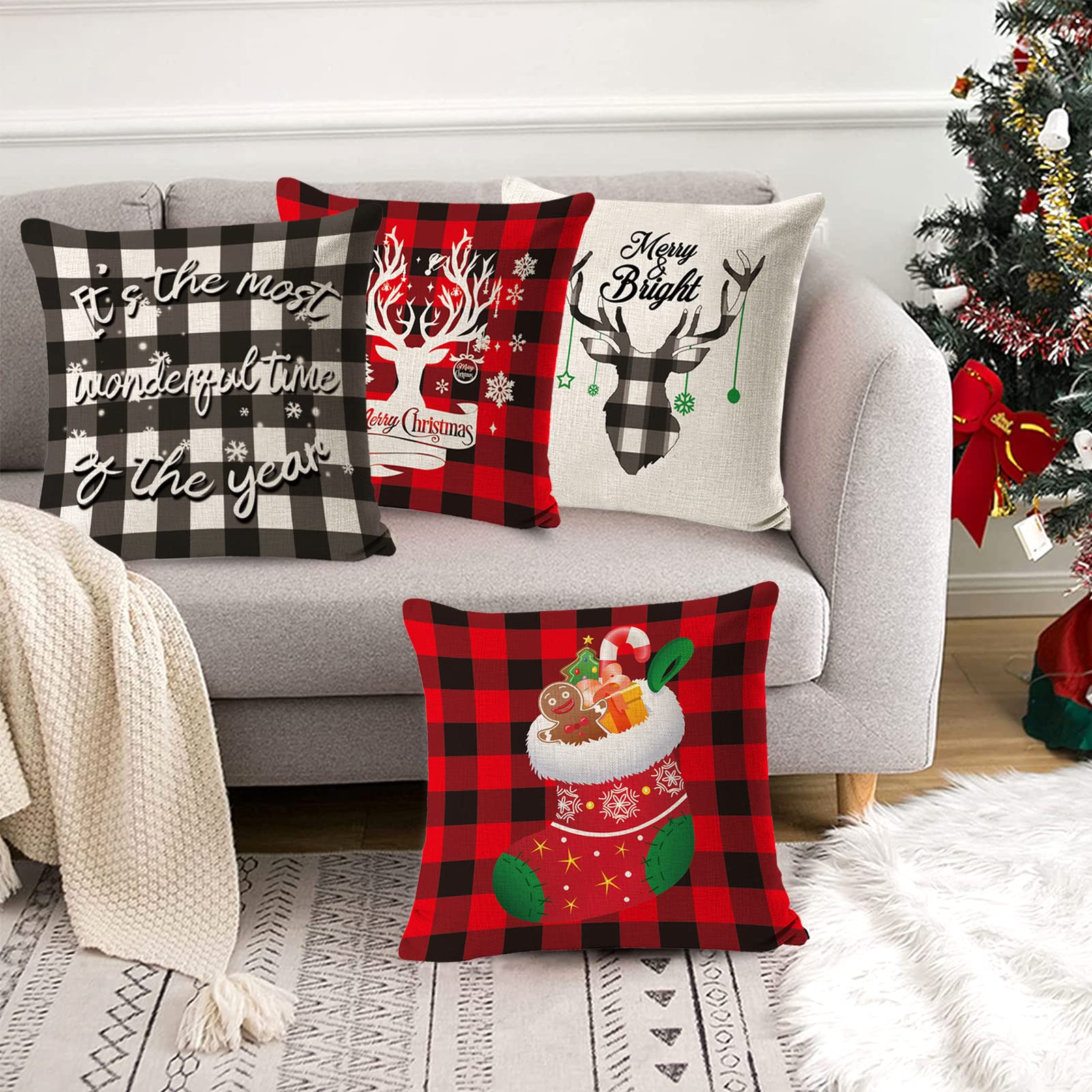 4er-Set Weihnachtskissenbezüge – Rot, 45x45 Cm, Baumwoll-Leinen, Mit Schneeflocken & Weihnachtsbaum-Motiv