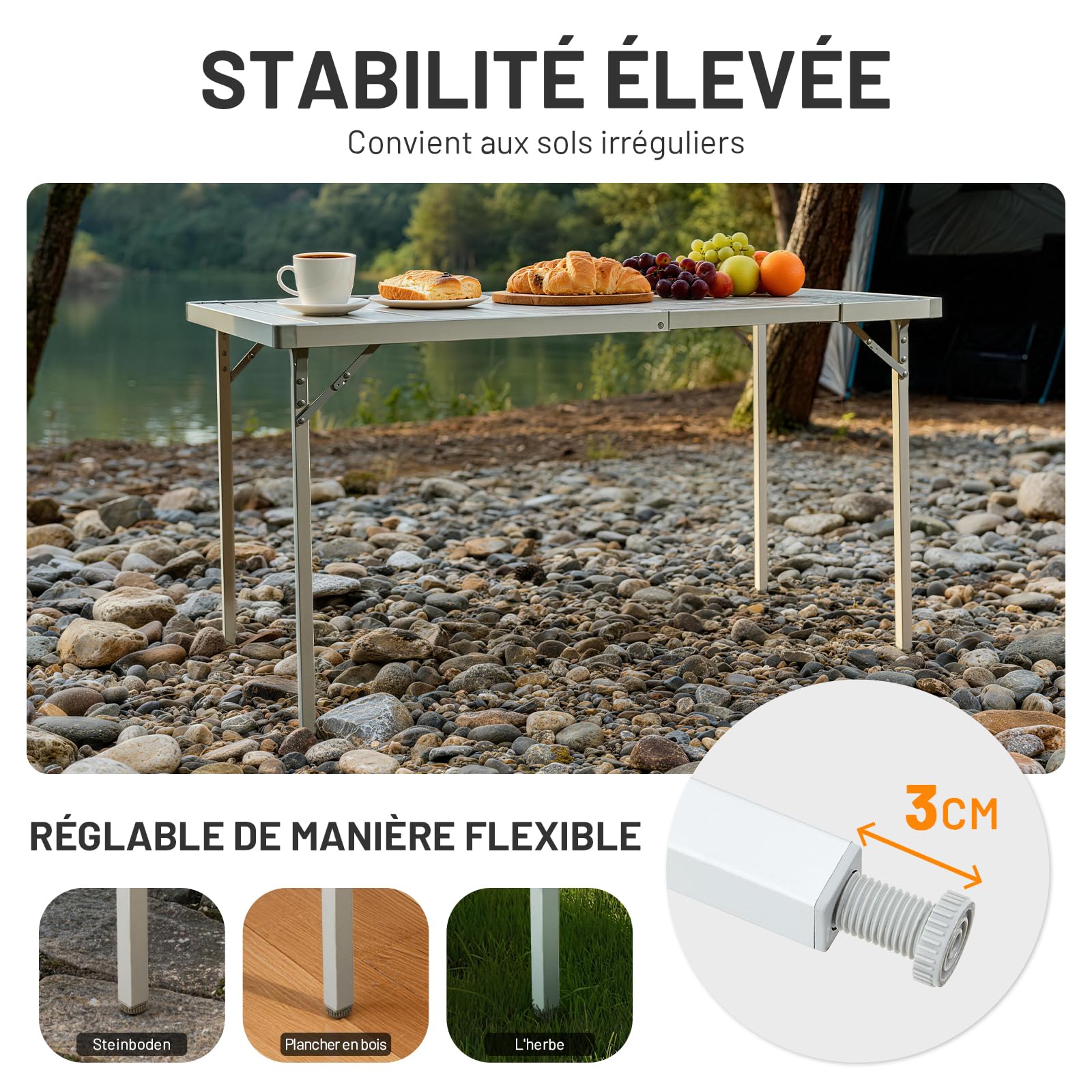 TIMBER RIDGE Table Camping Pliante Extensible 94/129x70cm Aluminium | Table extensible de 94 à 129cm, hauteur réglable, cadre aluminium avec sac de transport pour camping et caravane