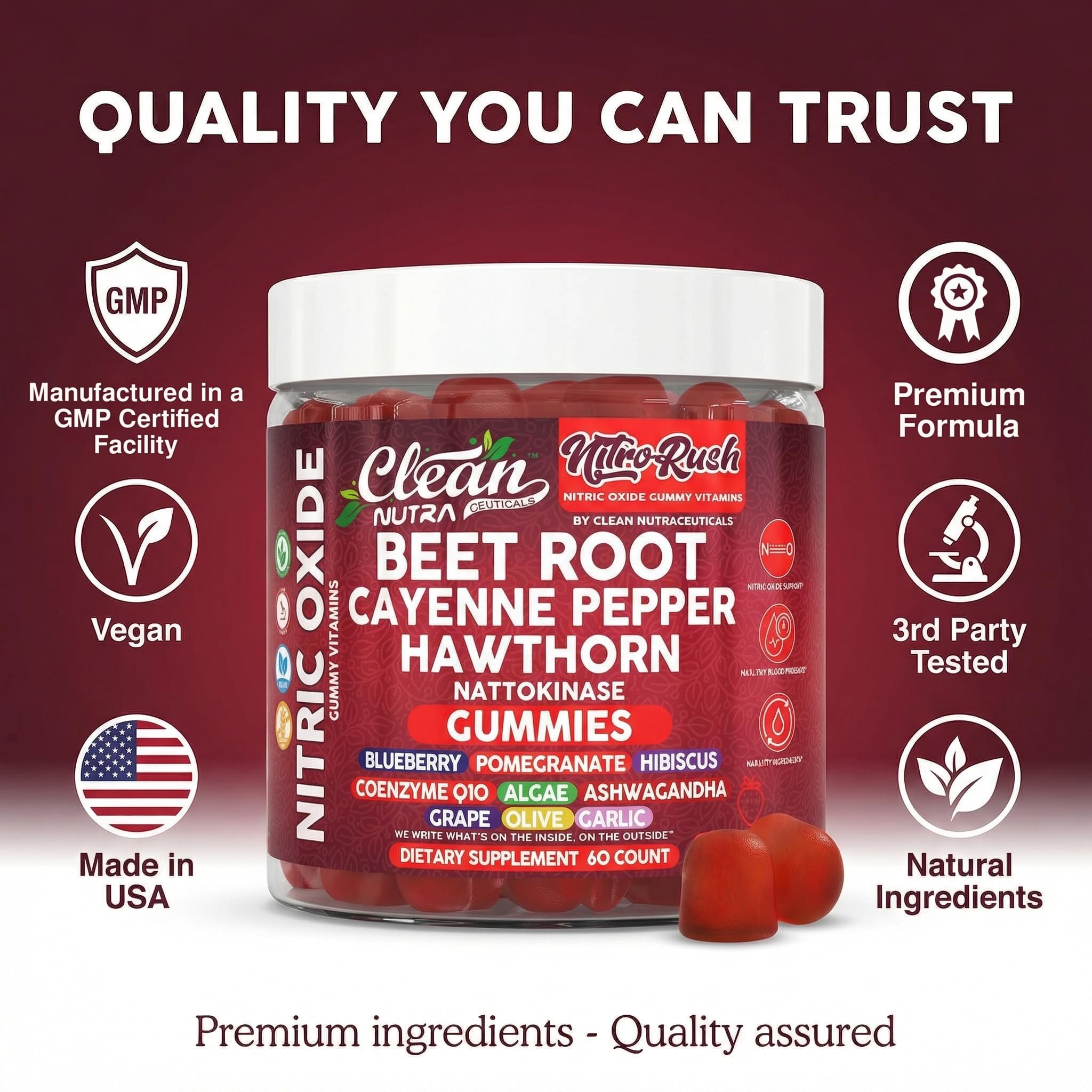 Nitro Rush Nitric Oxide Gummies Beet Root Cayenne Pepper Pomegranate Vitamin C Hawthorn Nattokinase Blueberry Hibiscus Coenzyme Q10 Algae Ashwagandha Root Grape Olive Garlic 60 Count by Clean Nutra — Amazon image 8