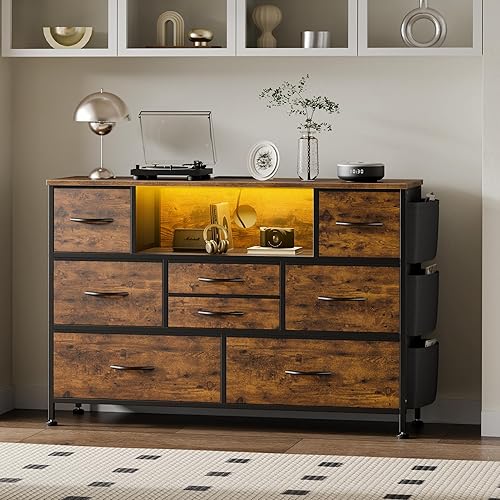 Miniatura 2 de Cómoda para dormitorio con 8 cajones, soporte de TV con luces LED, cómoda de tela con bolsillo lateral para sala de estar, entrada, muebles de