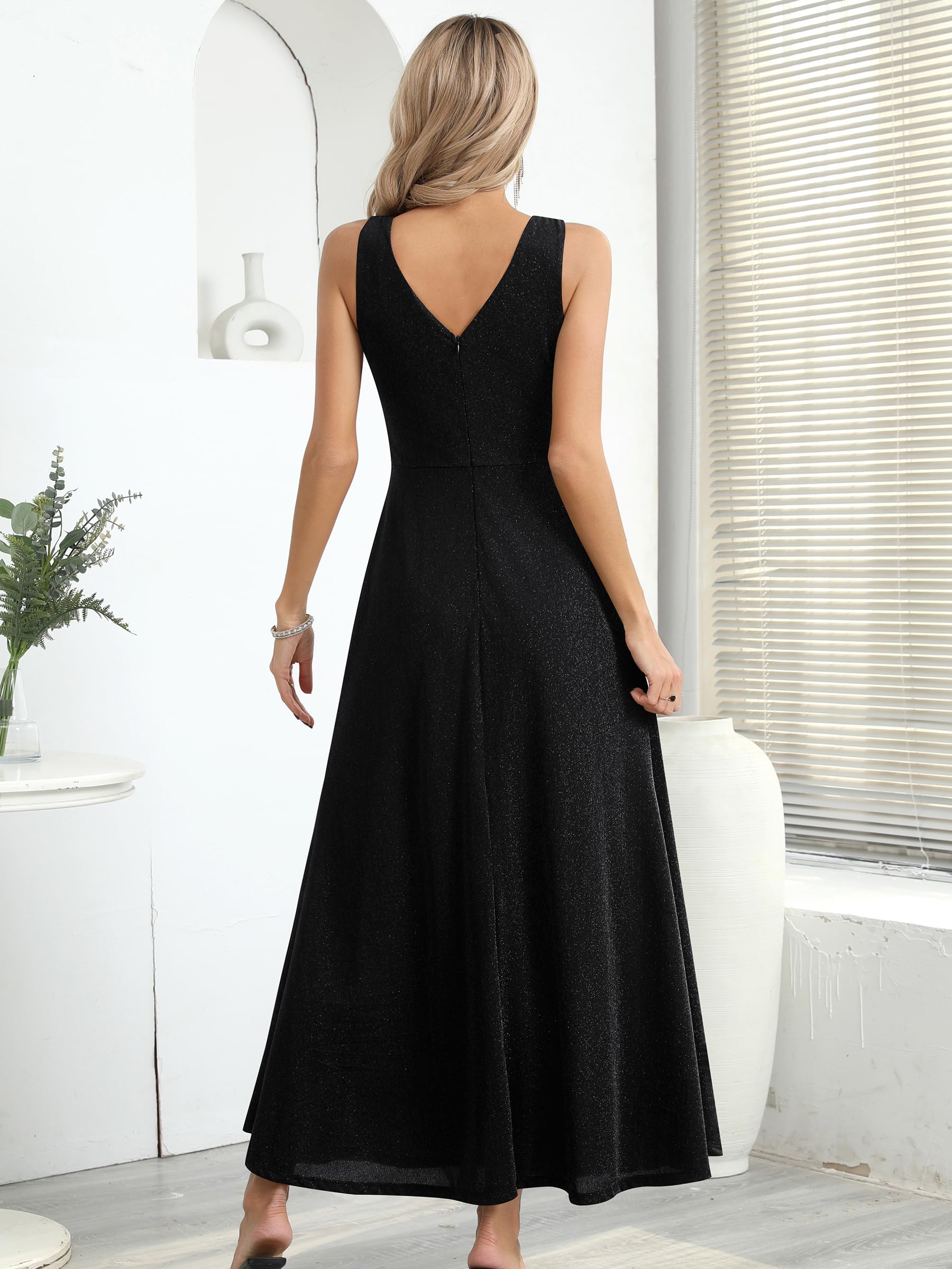 Missufe Abito da donna, elegante, da sera, da cocktail, da ballo, con scollo a V, con spacco
