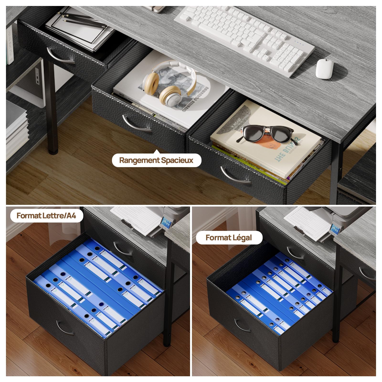 Seventable Bureau d'ordinateur en Forme de L avec Ports USB (Gris)
