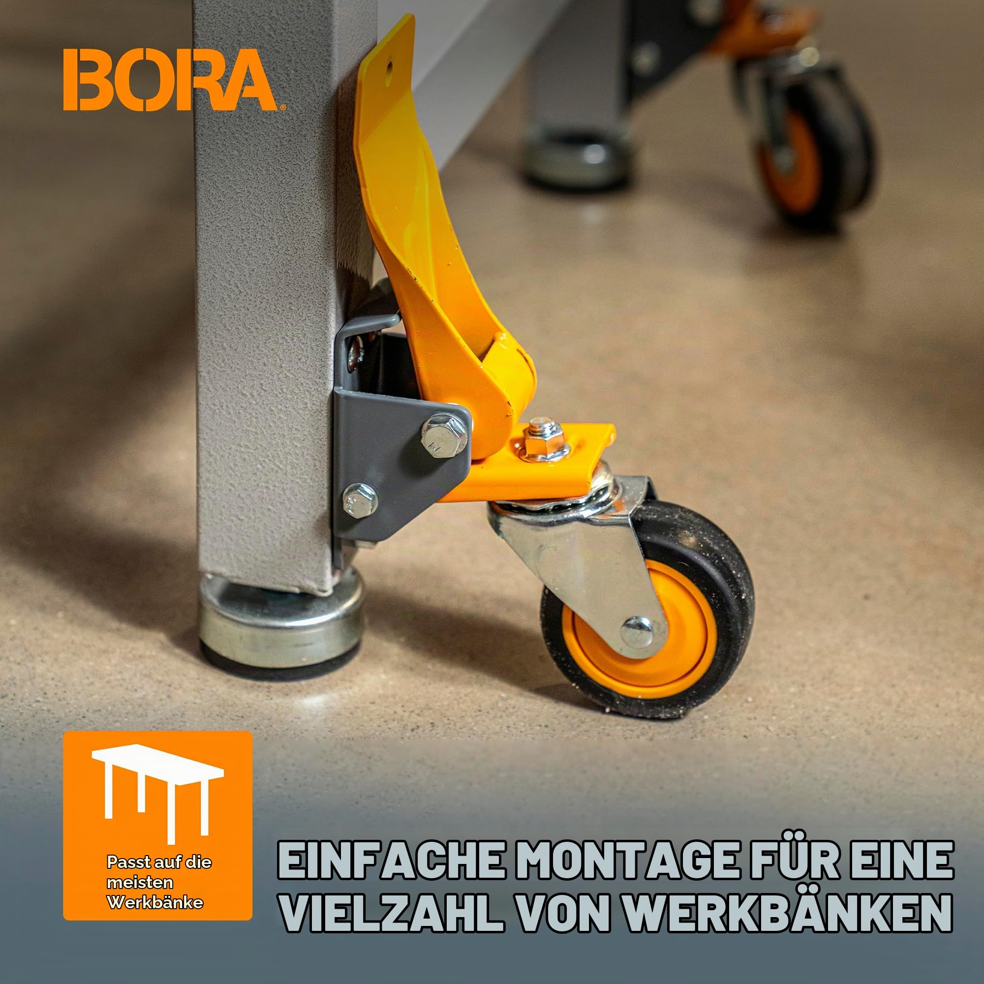 BORA Schwerlastrollen Set 4-teilig – Werkbank Lenkrollen mit Feststellbremse, 281 kg Tragkraft