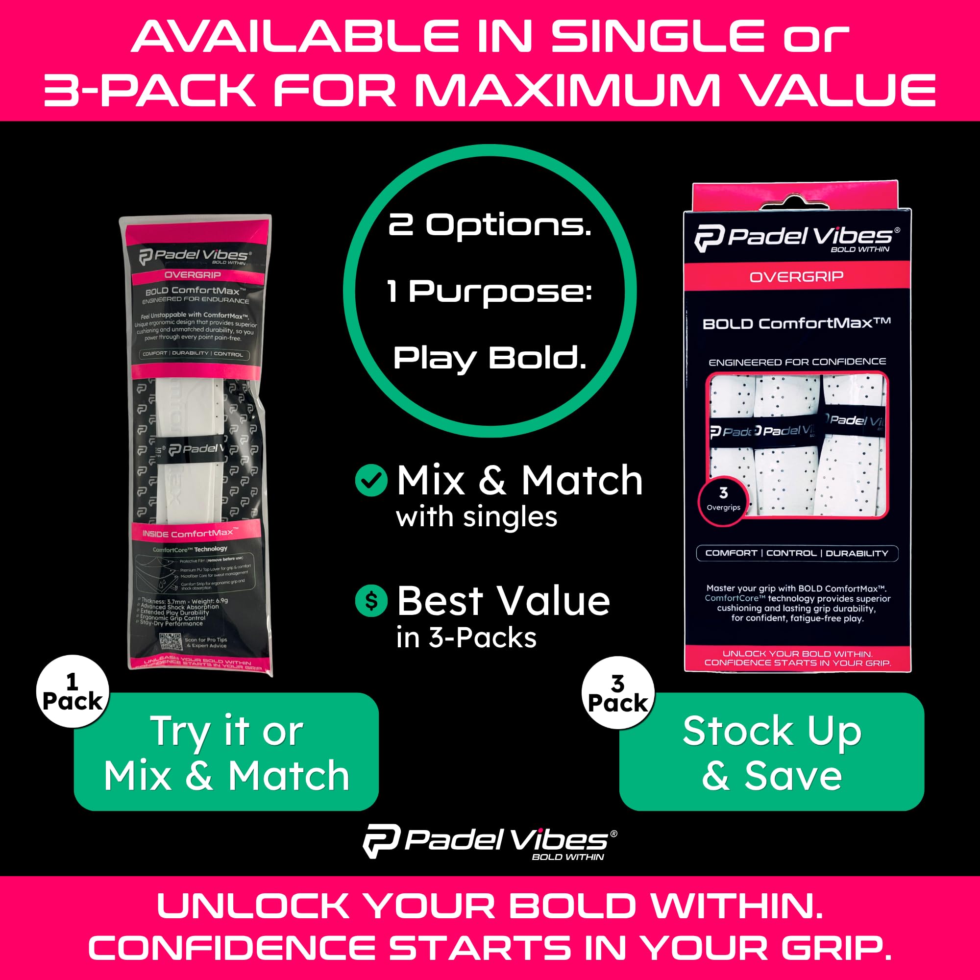BOLD ComfortMax™ Overgrip | Overgrip perforato ed ergonomico per padel, tennis, badminton, squash, racketball, assorbe il sudore, antiscivolo, durevole