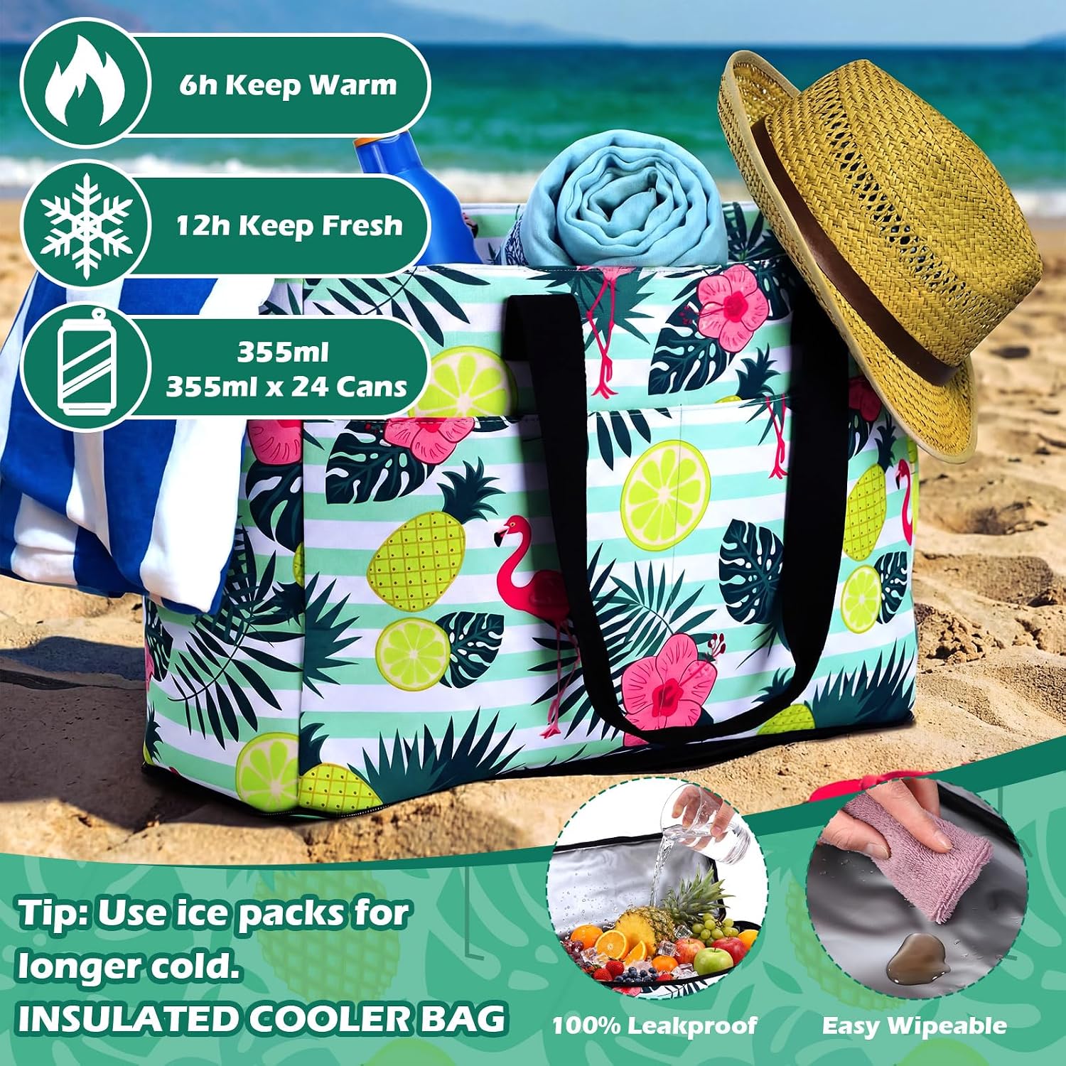 Aliceset Beach Bag with Cooler 49l Large Waterproof Sandproof Beach Tote with Zipper and 9 Pockets Flamingo Summer Pool Bags Wet Compartment Foldable Travel Bags for Women Weekend Vacation Picnic