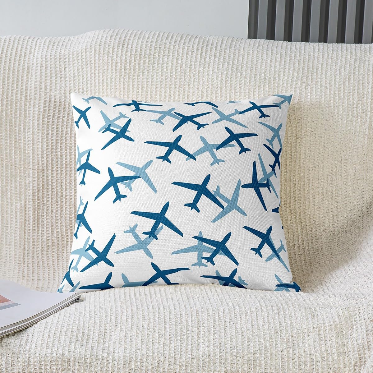 Kids Aircraft Decorative Square Throw Pillow Cover Cartoon Transportation Vehicles Pillow Cover for Living Room RV Boys Airplane Blue White Party Cushion Case 18x18 Set of 2