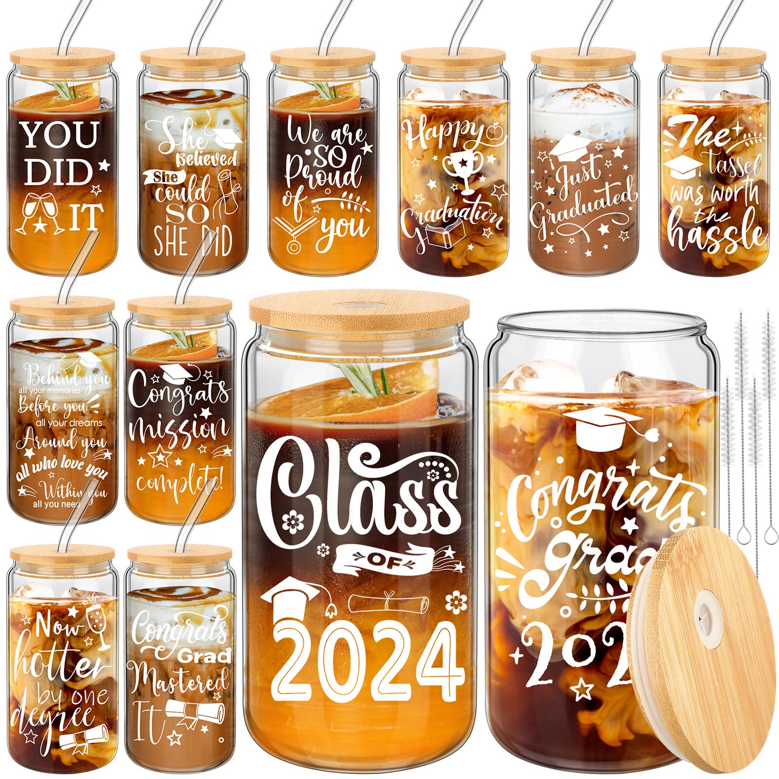 12 Pcs Graduation Glass Cups, Class of 2024 Can Shaped Glass Cups with Bamboo Lids and Straw, 16 Oz Graduation Drinking Jars, Congrats Grad Glass Cup Gifts for Graduation Party Supplies