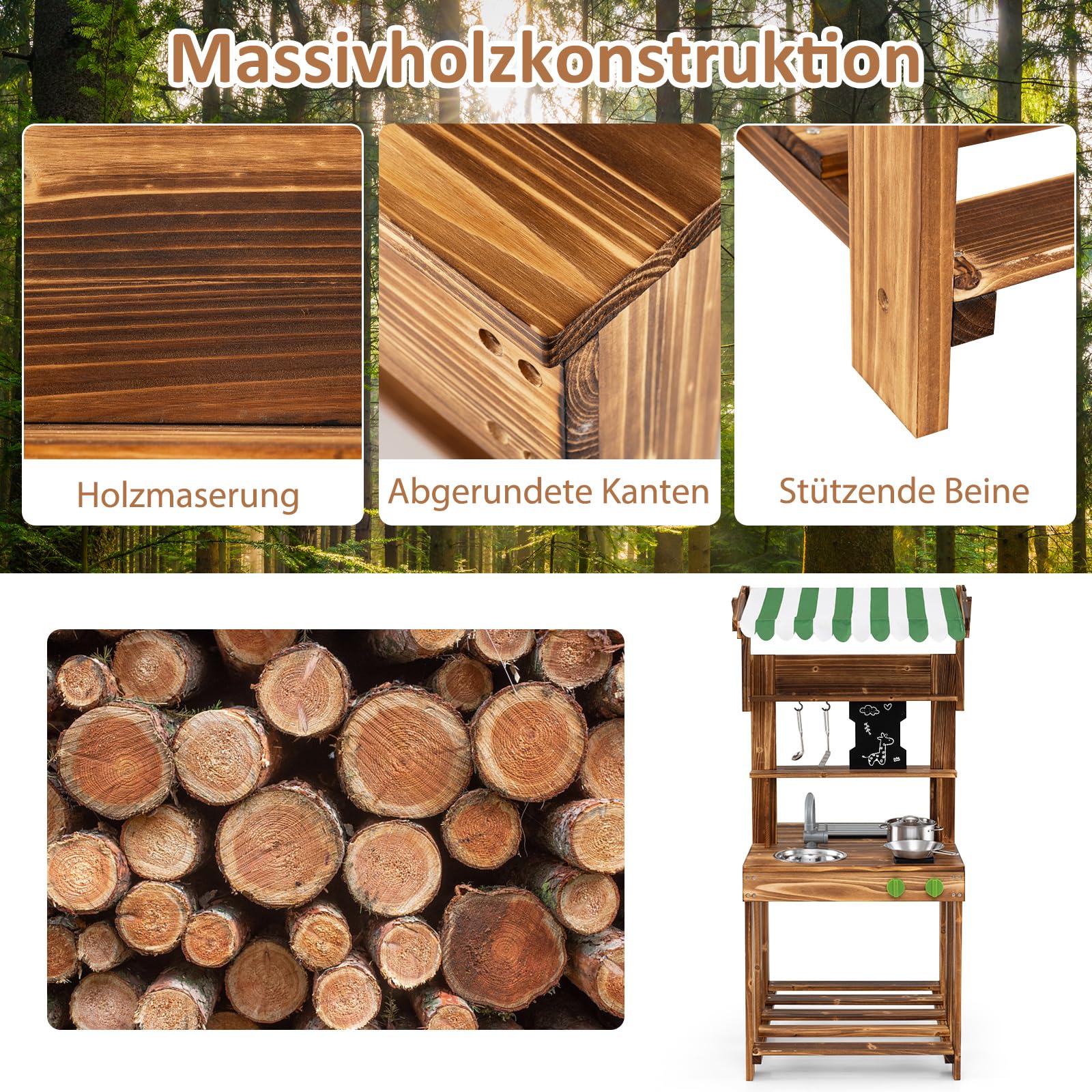 COSTWAY Matschküche Kinder Outdoor, Doppelseitige Kinderküche mit Dach, Schultafel, Spüle & Wasserhahn, Outdoorküche Spielküche Holz für Jungen & Mädchen ab 3 Jahren