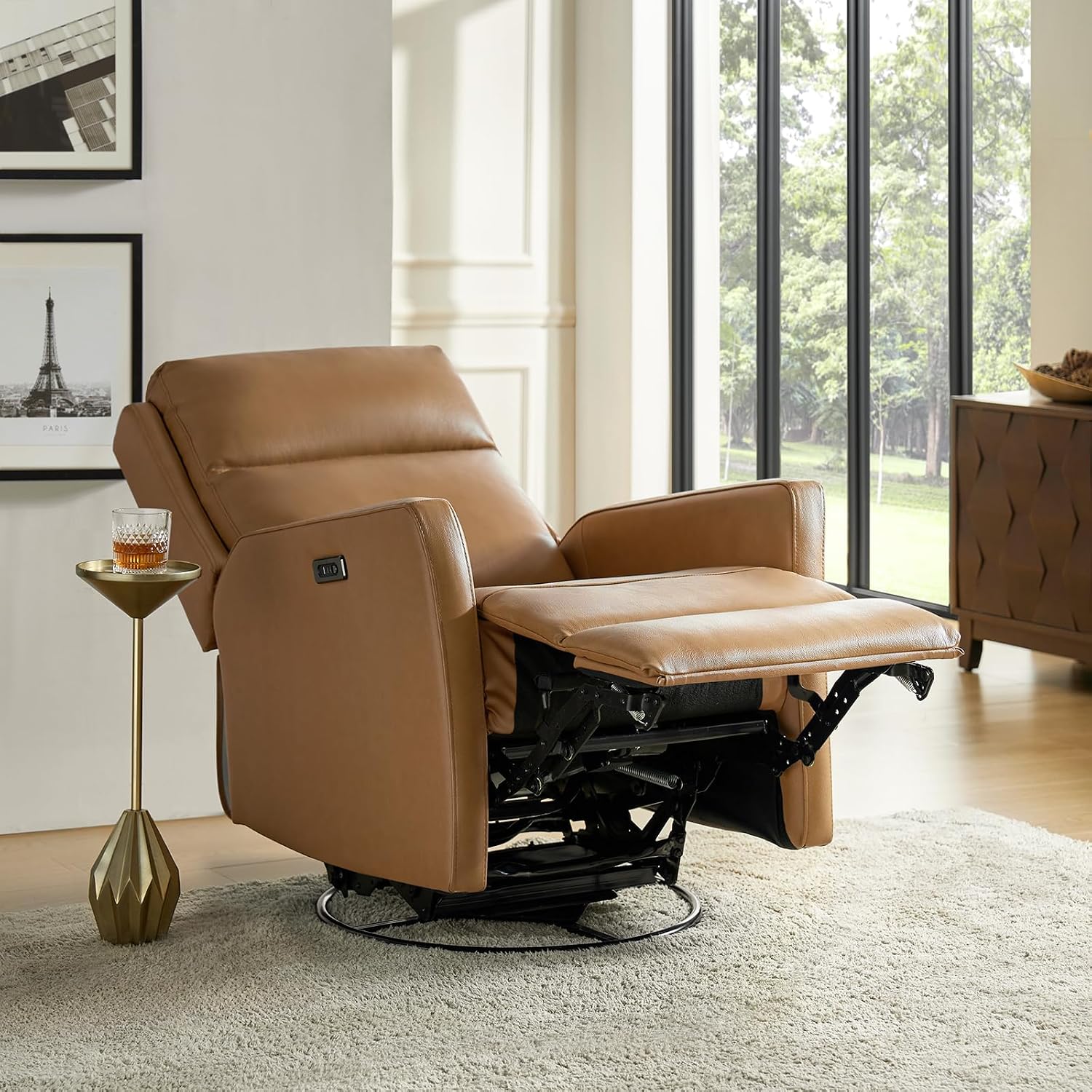 Genuine Leather Power Recliner Chair, 360-degree Swivel Lay Flat Recliners with Lumbar Support and USB Charging Ports, Large Rocking Chairs for Adults Elderly, Living Room Bedroom, Camel
