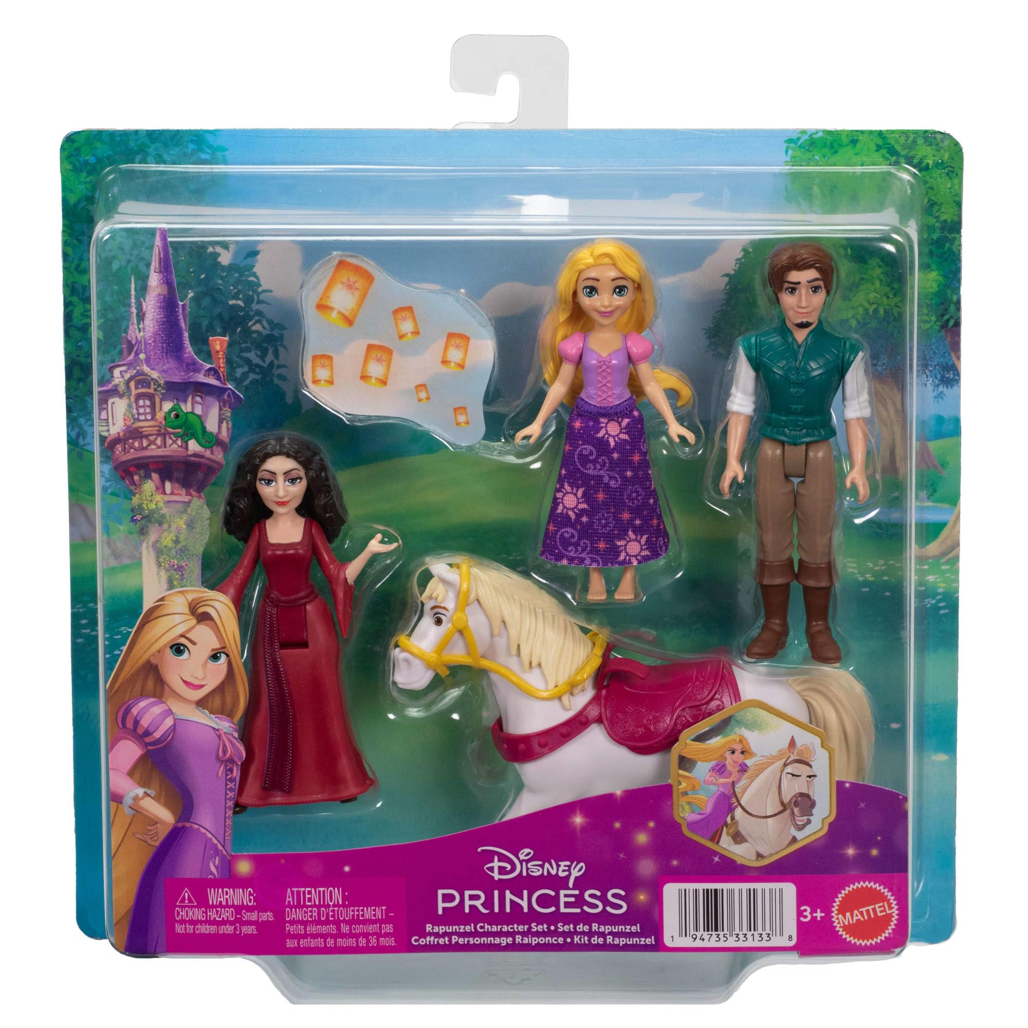 Mattel Disney Princess Księżniczka Disneya Roszpunka Zestaw 4-pak, 3 małe lalki – Roszpunka, Flynn Rajtar, Matka Gertruda oraz figurka koń Maksimus z siodłem, zabawki dla dzieci 3+, JHG85