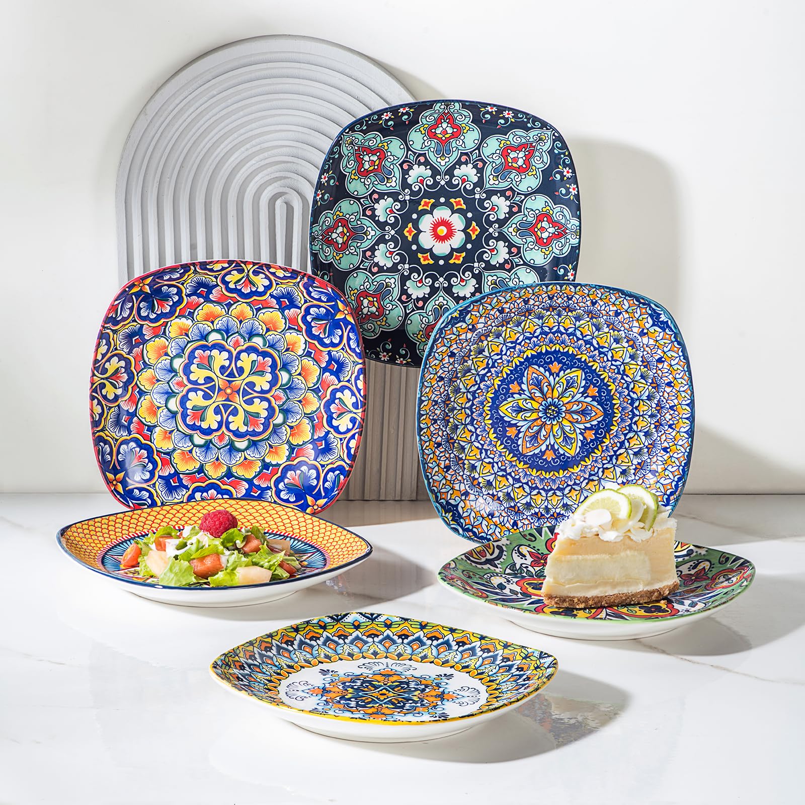 HENXFEN LEAD Dessertteller & Vorspeisenteller Porzellan, 18cm Quadratischer Salatteller 6er Set, Bunte Teller Set für Vorspeisen, Salat und Desserts - Bohemian Style