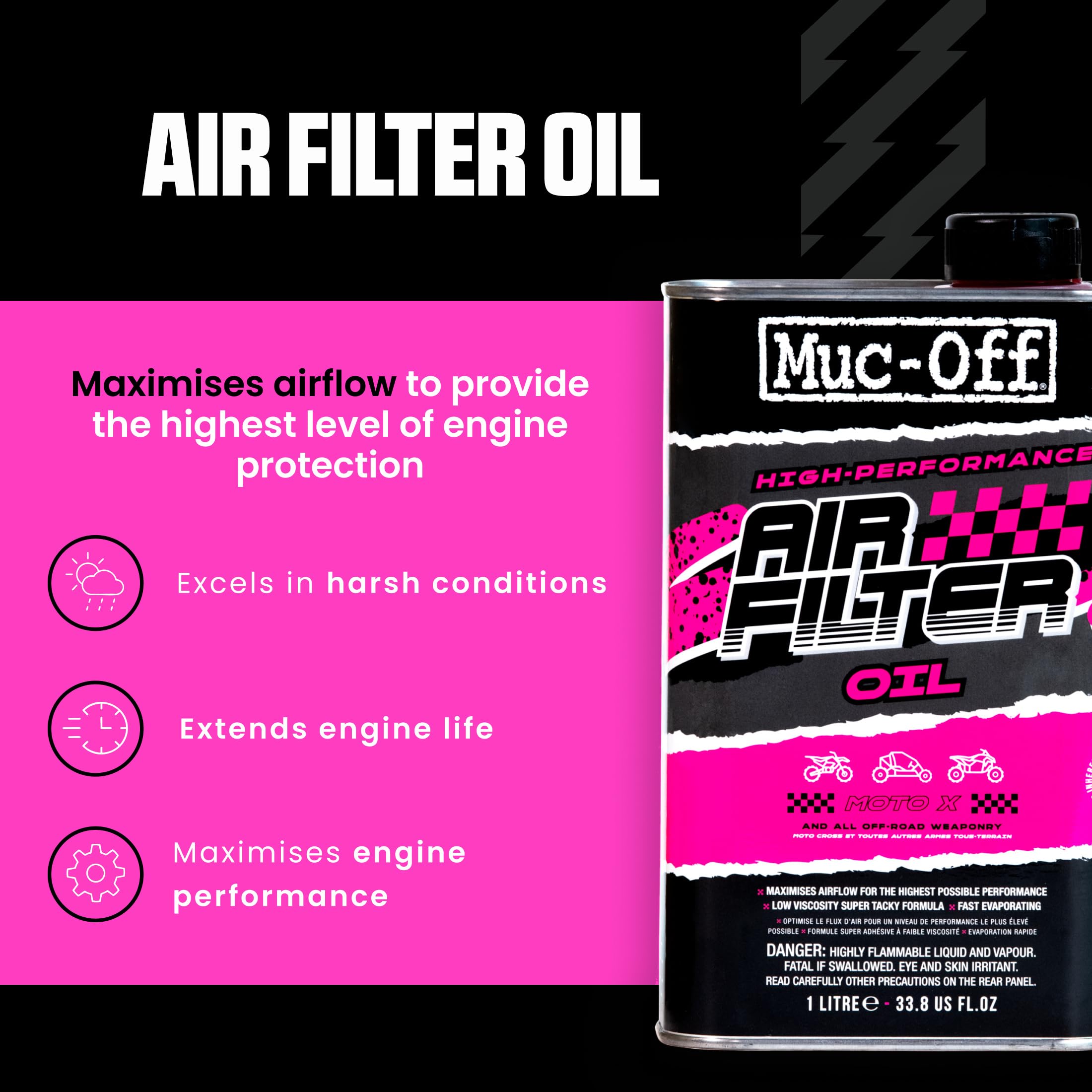 Muc-Off Huile pour Filtre à Air pour Motocross et Véhicules de Sports Motorisés - 1 Litre - Huile pour Filtre à Air Moto - Optimise le Flux d'Air et Aide à Prolonger la Durée de Vie du Moteur