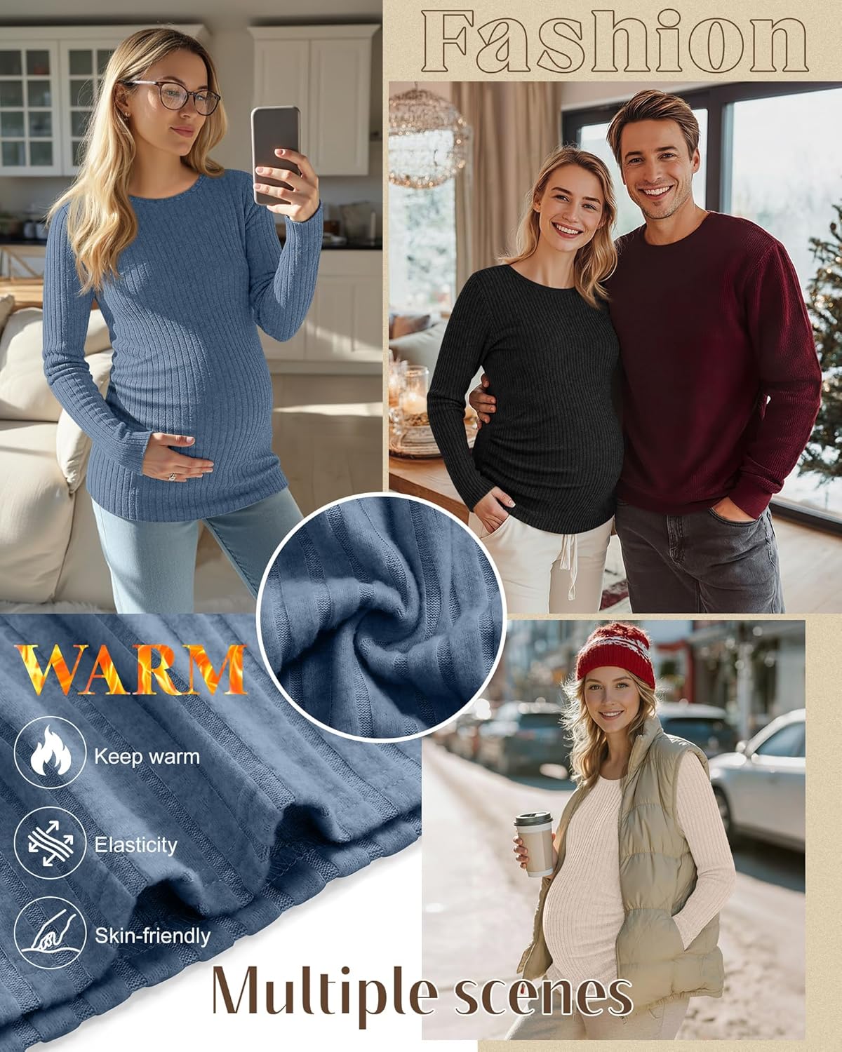 3 Pack Maternity Shirts Ribbed Long Sleeve Maternity Sweater Crew Neck Pregnancy Clothes for Women Thermal Top - Image 2