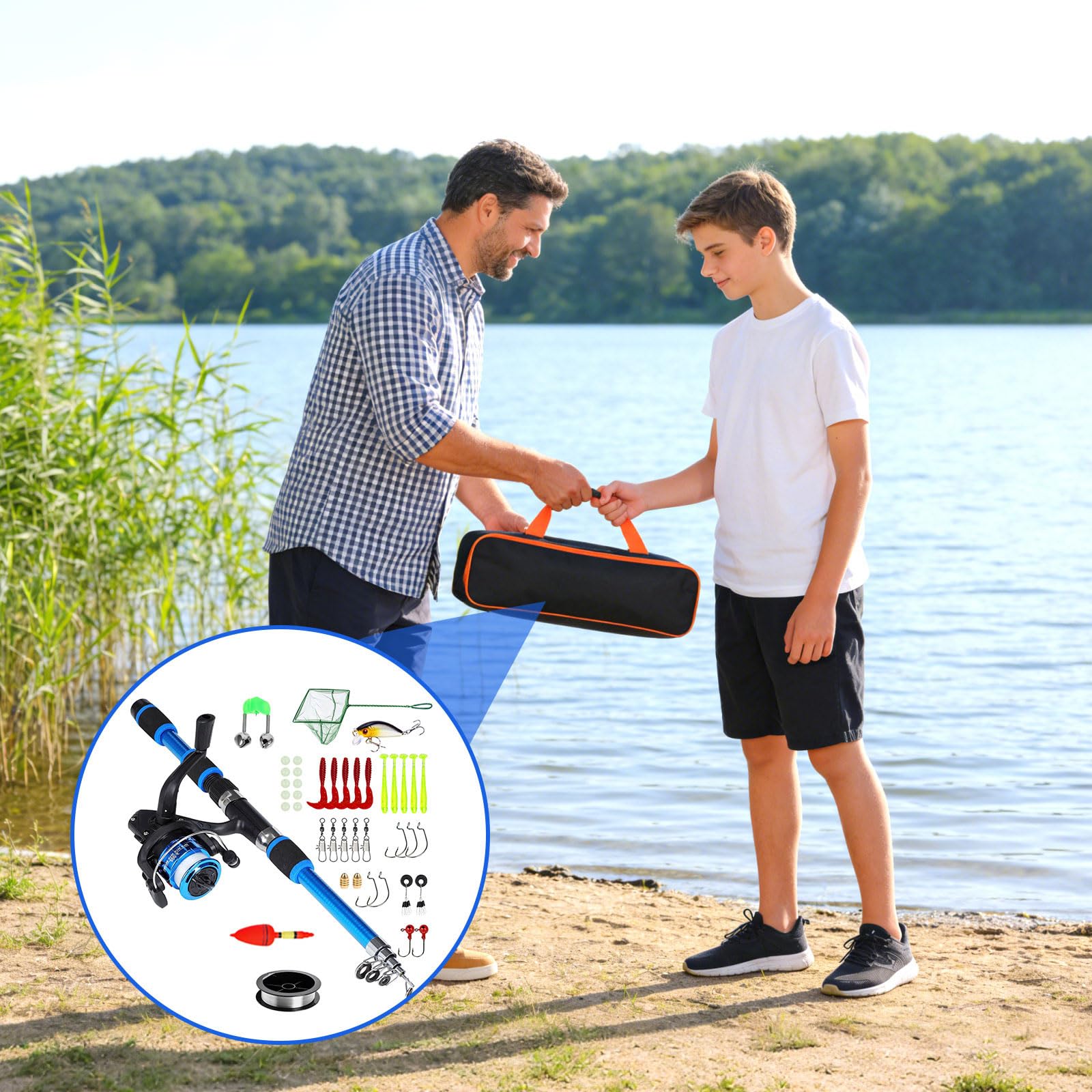 Juego de Caña de Pescar para Niños Principiantes, Kit de Pesca Completo con 1.8m Caña de Pescar Telescópica Carrete Spinning Señuelos 100 m Sedal Sacadera de Pesca y Bolsa de Transporte