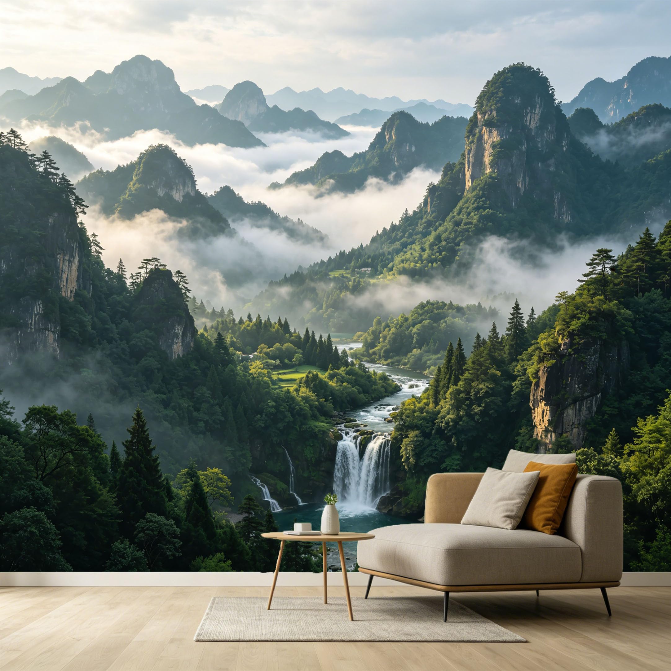 Custom Size Wall Murals Misty Mountain Forest Landscape Waterfall River SelfAdhesive Wall Fabric Removable Large Wallpaper for Photo Living Room Interior Decor Wall Art