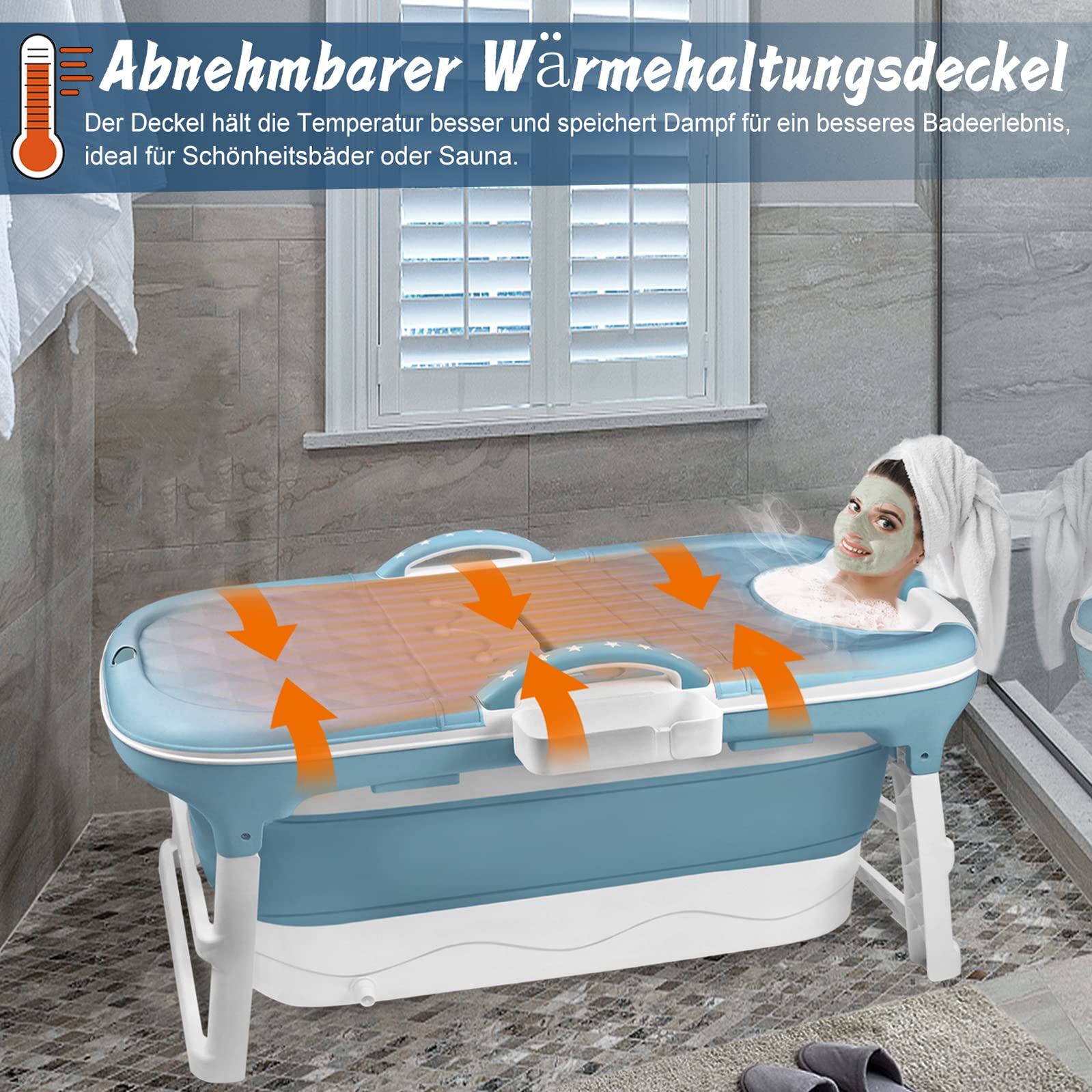 LZQ Baignoire pliable pour adulte - Avec couvercle amovible - Accoudoir - Panier à savon - PP + TPE - Baignoire pliable pour salle de bain SPA - 118 x 62 x 53 cm - Bleu
